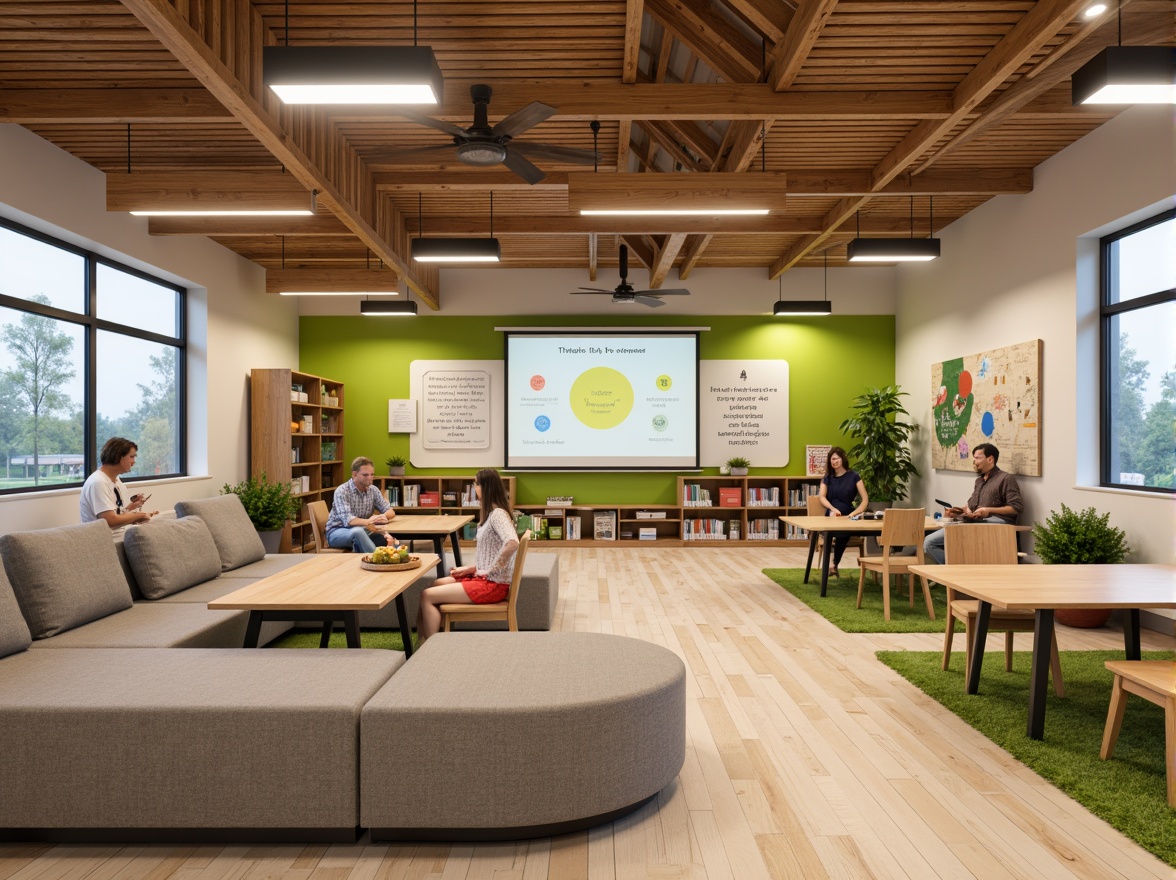 Prompt: Cozy classrooms, natural wood accents, soft warm lighting, comfortable seating areas, collaborative workspaces, interactive whiteboards, colorful educational charts, inspirational quotes, minimal ornamentation, open shelving units, organized storage systems, ergonomic furniture, acoustic panels, calming color schemes, abundant natural light, flexible modular layouts, technology-integrated learning tools, stimulating visual displays, engaging breakout spaces, quiet reading nooks, vibrant green walls, airy high ceilings, modern minimalist architecture.