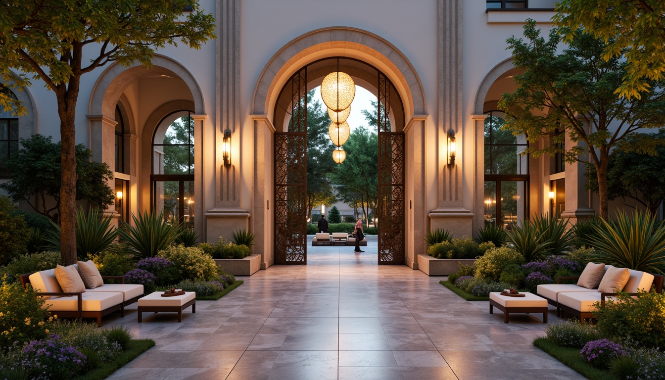 Prompt: Grand entrance gates, elegant archways, warm lanterns, lush greenery, vibrant flowers, polished marble floors, modern glass doors, sleek metal handrails, inviting seating areas, comfortable cushions, soft warm lighting, shallow depth of field, 3/4 composition, realistic textures, ambient occlusion.