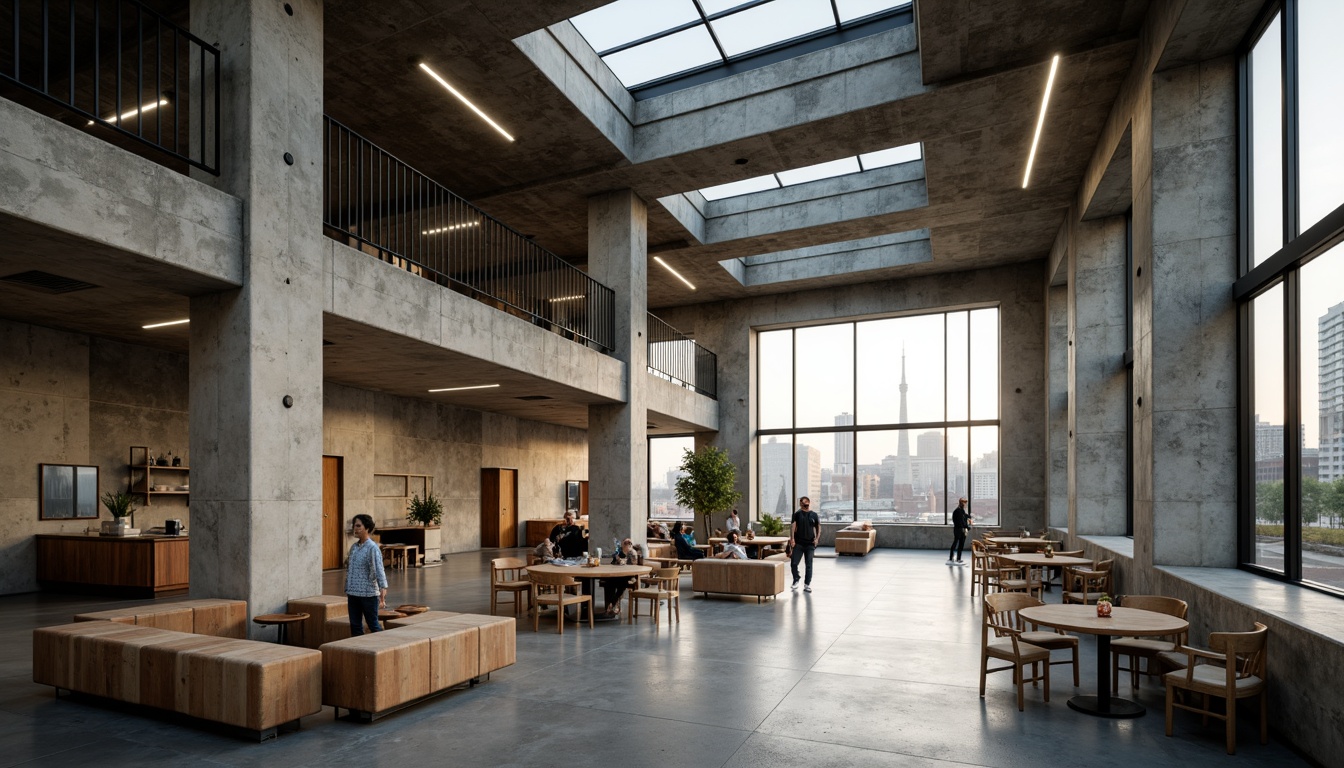 Prompt: Rugged community center, brutalist architecture, raw concrete walls, exposed ductwork, industrial metal beams, natural light pouring in, large skylights, clerestory windows, urban landscape views, gritty cityscape, overcast sky, soft diffused lighting, high contrast shadows, dramatic architectural angles, bold structural elements, minimalist interior design, functional simplicity, communal gathering spaces, reclaimed wood accents, earthy color palette, organic textures, 3/4 composition, cinematic framing, realistic render.