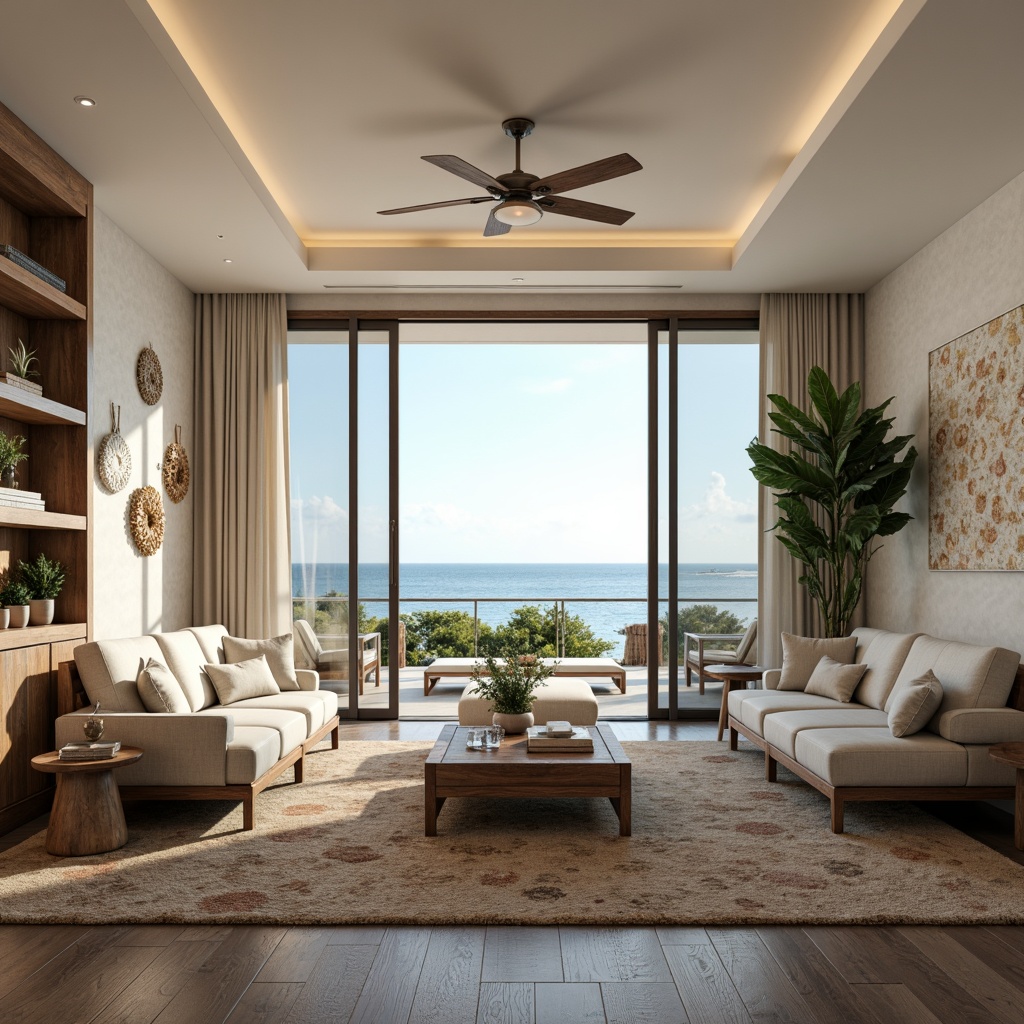 Prompt: Coastal living room, ocean-inspired color palette, driftwood accents, natural textiles, woven sea grass furniture, coral-patterned rugs, shell-adorned decorative walls, floor-to-ceiling windows, sliding glass doors, panoramic ocean views, soft warm lighting, beachy ambiance, minimalist decor, nautical-themed accessories, distressed wood flooring, plush sectional sofas, built-in shelving units, tropical plants, calming atmosphere, 1/1 composition, realistic reflections, ambient occlusion.