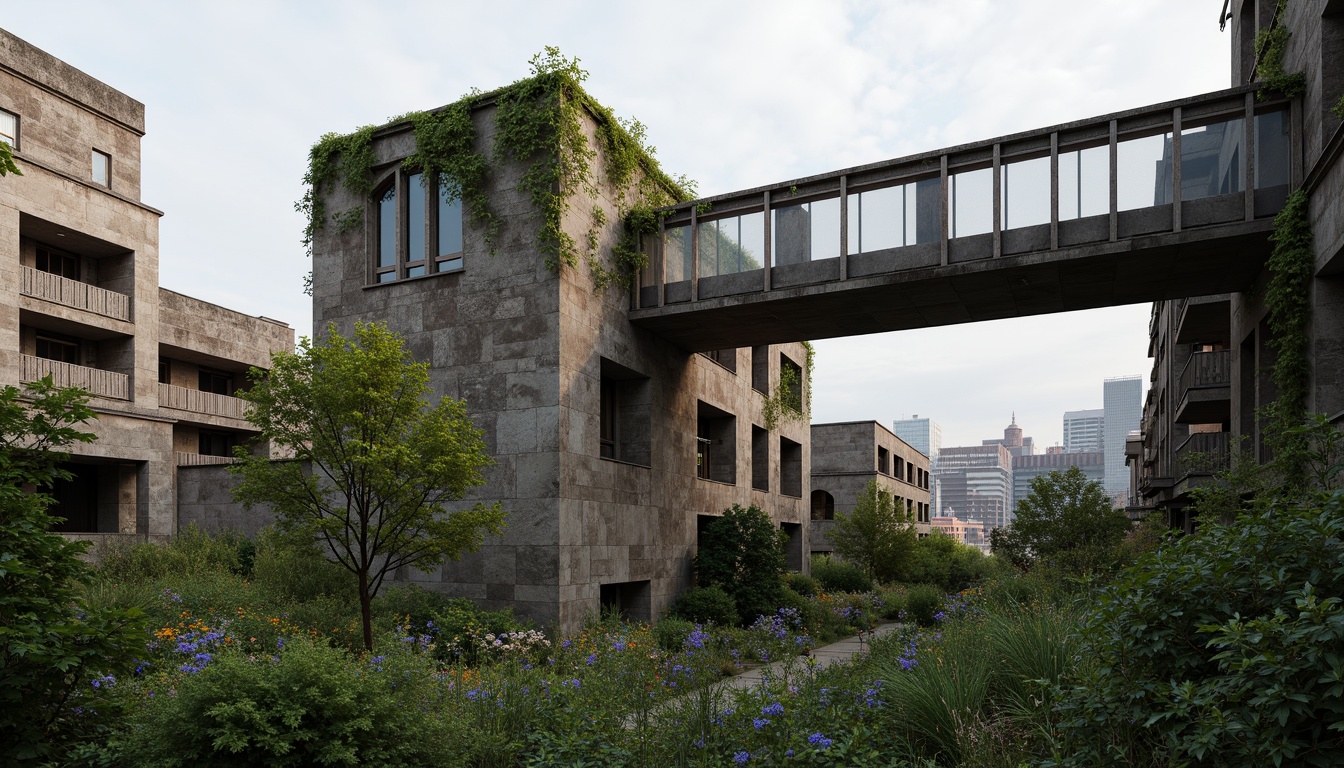 Prompt: Rugged brutalist buildings, raw concrete textures, fortress-like structures, overgrown vegetation, wildflowers, moss-covered walls, weathered steel beams, industrial materials, urban landscape integration, cityscape views, elevated walkways, cantilevered sections, dramatic shadows, harsh natural light, 1/1 composition, symmetrical framing, high-contrast colors, gritty realistic textures, ambient occlusion.