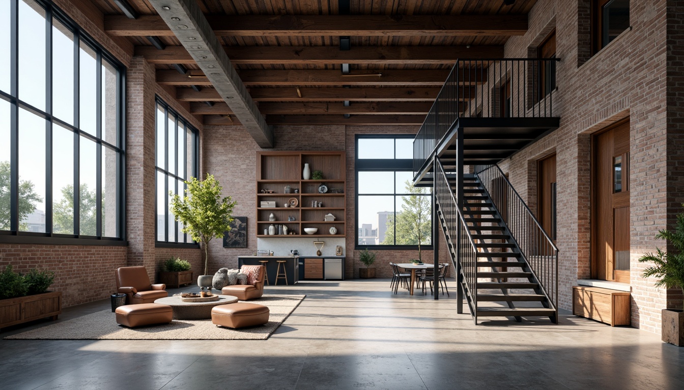 Prompt: Exposed steel beams, industrial chic aesthetic, polished concrete floors, minimalist decor, modern urban loft, open-plan living space, floor-to-ceiling windows, natural light pouring in, sleek metal staircases, geometric-shaped railings, reclaimed wood accents, distressed brick walls, edgy architectural lines, dramatic shadows, high-contrast lighting, 1/1 composition, symmetrical framing, realistic textures, ambient occlusion.