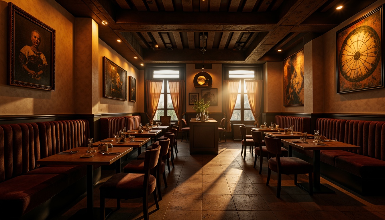 Prompt: Moody restaurant interior, warm golden lighting, soft shadows, dramatic spotlights, rich wood tones, luxurious velvet fabrics, ornate metal fixtures, eclectic art pieces, vintage decorative items, distressed textures, warm color palette, intimate ambiance, low-key illumination, cinematic atmosphere, 1/2 composition, shallow depth of field, realistic reflections, ambient occlusion.