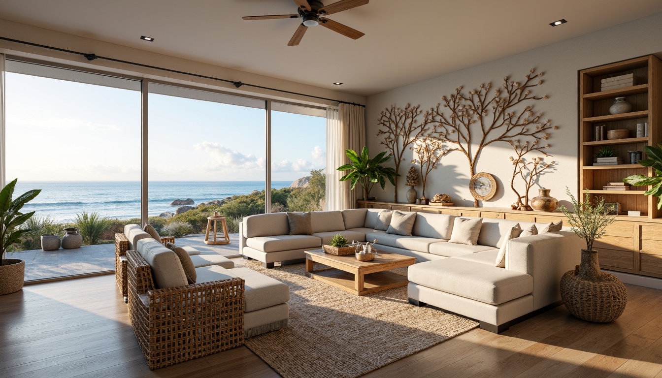 Prompt: Coastal living room, ocean-inspired color palette, driftwood accents, natural textiles, woven sea grass furniture, coral-patterned rugs, shell-adorned decorative walls, floor-to-ceiling windows, sliding glass doors, panoramic ocean views, soft warm lighting, beachy ambiance, minimalist decor, nautical-themed accessories, distressed wood flooring, plush sectional sofas, built-in shelving units, tropical plants, calming atmosphere, 1/1 composition, realistic reflections, ambient occlusion.