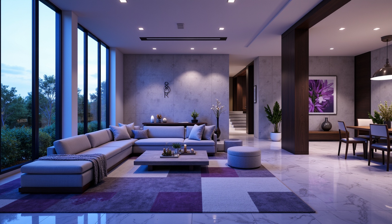 Prompt: Calming atmosphere, soothing blue hues, rich violet accents, modern interior design, spacious open-plan living area, sleek minimalist furniture, polished marble floors, geometric patterned rugs, floor-to-ceiling windows, abundant natural light, soft warm glow, 1/1 composition, shallow depth of field, realistic textures, ambient occlusion.