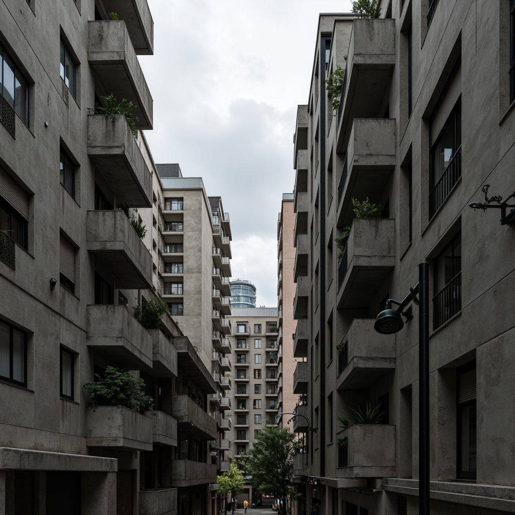 Prompt: Exposed concrete walls, rugged textures, industrial pipes, raw steel beams, minimalist balconies, brutalist architecture, urban cityscape, gloomy overcast sky, dramatic shadows, high-contrast lighting, bold geometric forms, functional simplicity, distressed finishes, poured-in-place concrete, cold monochromatic color palette, 1/1 composition, low-angle shot, cinematic atmosphere, gritty realistic textures.