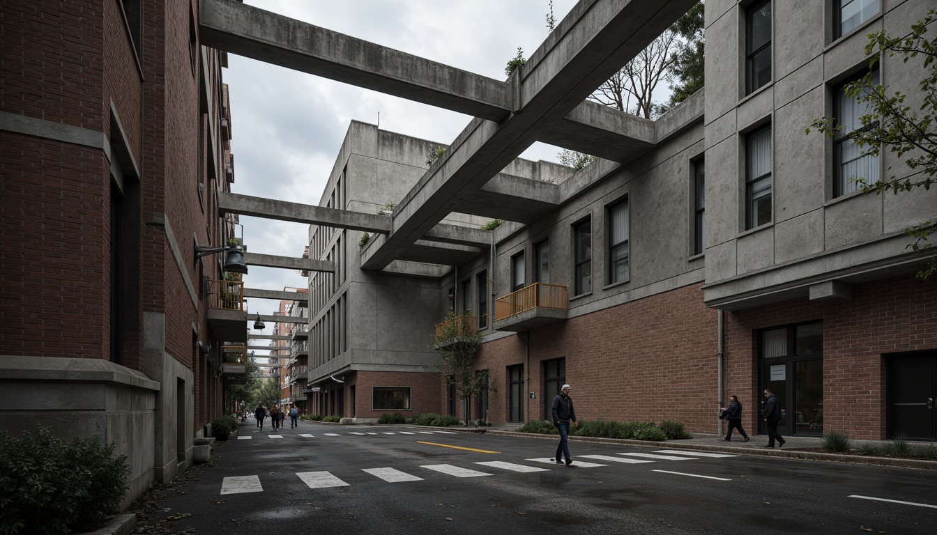 Prompt: Rough concrete walls, exposed ductwork, industrial metal beams, raw brick facades, weathered stone surfaces, distressed wood accents, brutalist monumentality, fortress-like structures, urban cityscape, overcast skies, dramatic shadows, high-contrast lighting, cinematic composition, gritty realistic textures, ambient occlusion.