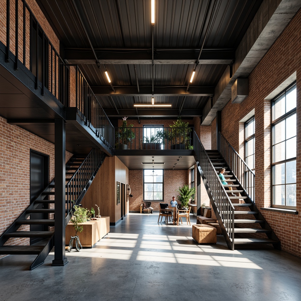 Prompt: Exposed steel beams, industrial chic aesthetic, polished concrete floors, minimalist decor, modern urban loft, open-plan living space, floor-to-ceiling windows, natural light pouring in, sleek metal staircases, geometric-shaped railings, reclaimed wood accents, distressed brick walls, edgy architectural lines, dramatic shadows, high-contrast lighting, 1/1 composition, symmetrical framing, realistic textures, ambient occlusion.