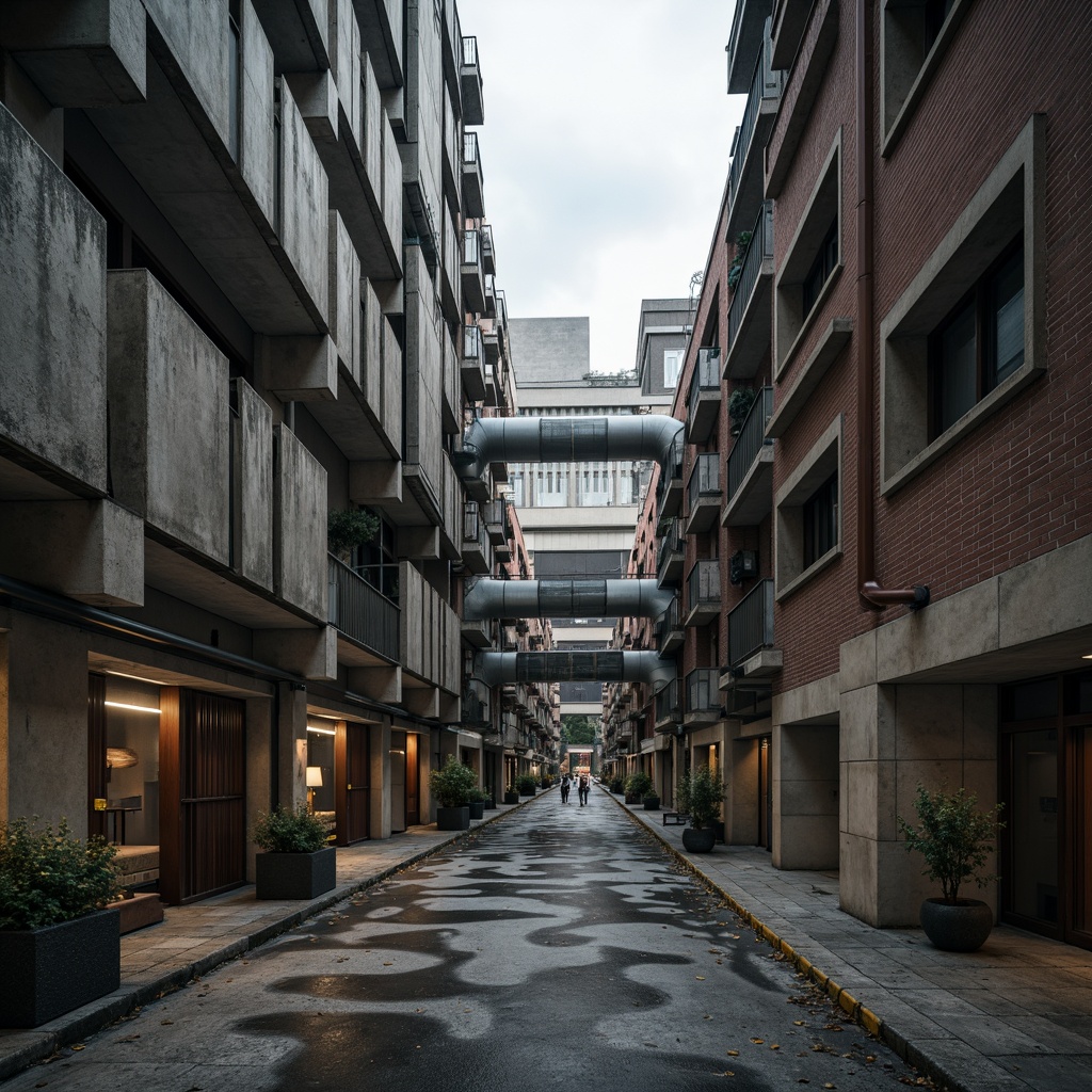 Prompt: Rough concrete walls, exposed ductwork, industrial metal beams, raw brick facades, weathered stone surfaces, distressed wood accents, brutalist monumentality, fortress-like structures, urban cityscape, overcast skies, dramatic shadows, high-contrast lighting, cinematic composition, gritty realistic textures, ambient occlusion.