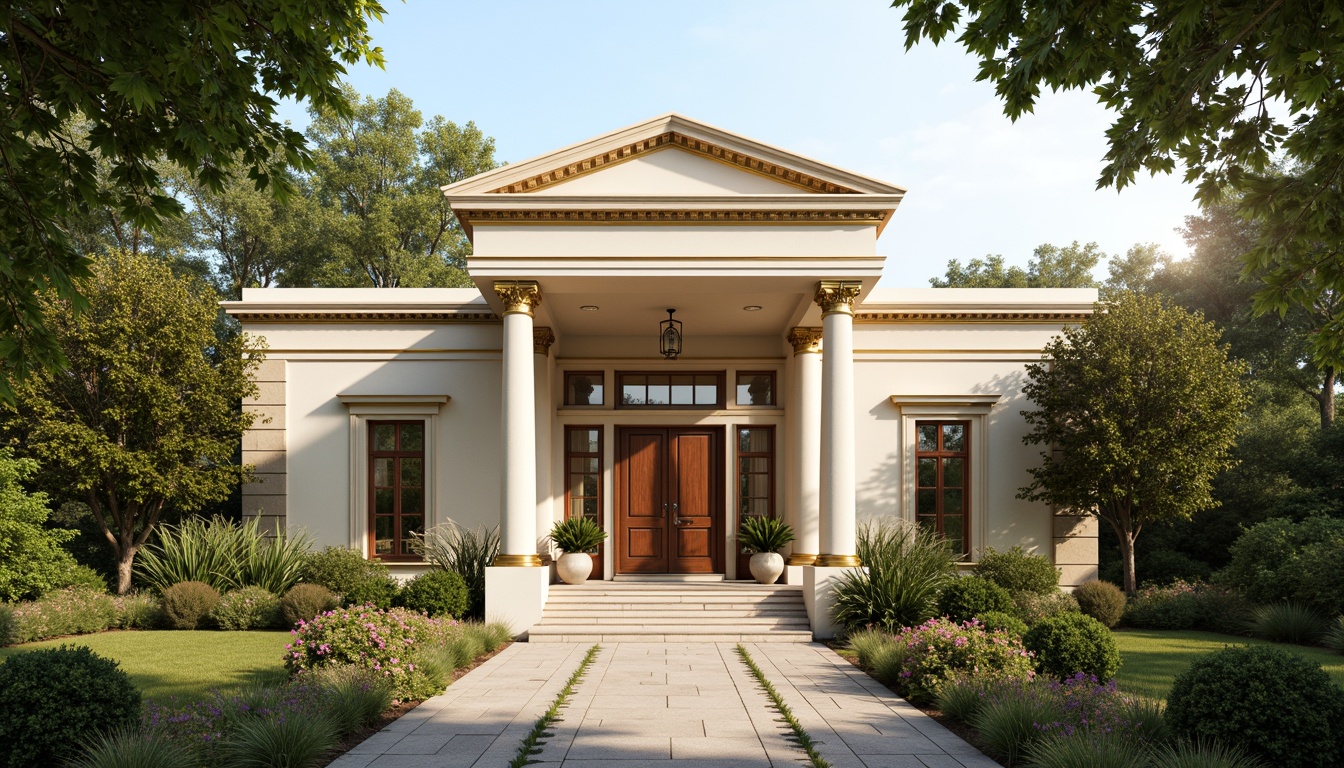 Prompt: Elegant classicism style house, soft cream facade, warm beige columns, ornate golden details, rich brown wooden doors, subtle terracotta roof tiles, lush greenery surroundings, vibrant blooming flowers, serene natural ambiance, warm sunny day, soft diffused lighting, shallow depth of field, 3/4 composition, realistic textures, ambient occlusion.