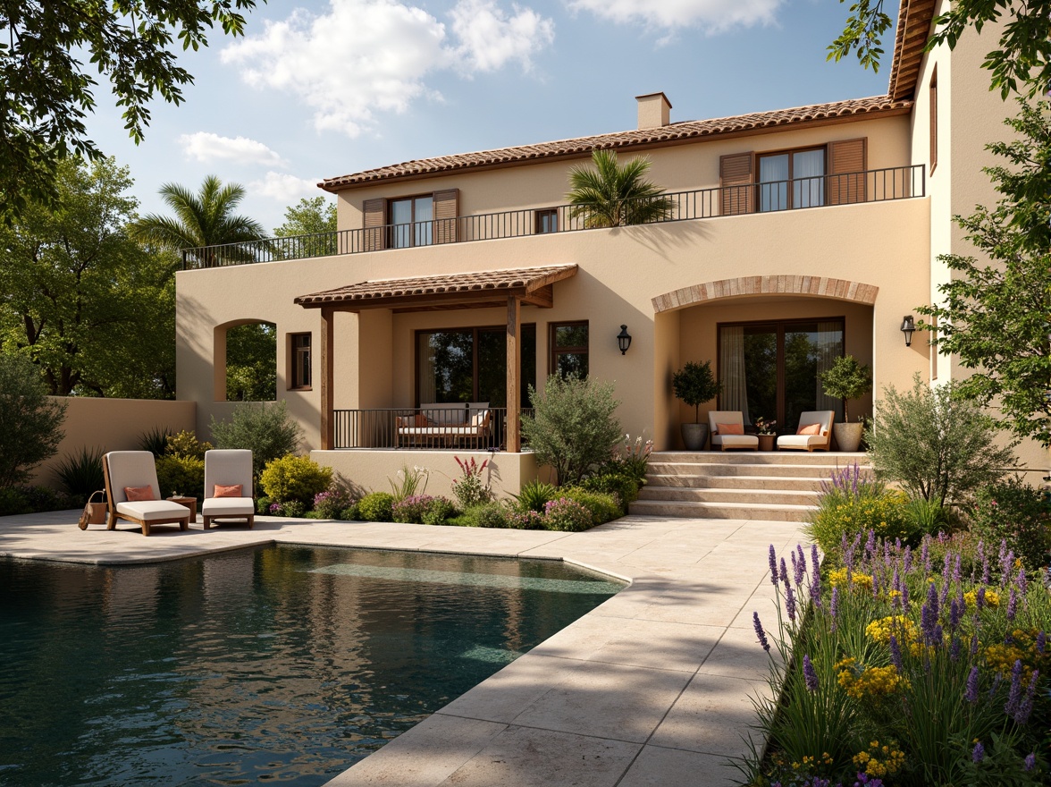 Prompt: Serene villa exterior, warm beige walls, rustic stone accents, lush greenery, vibrant flowers, tranquil water features, soft natural lighting, earthy tone roofs, wooden shutters, elegant archways, ornate ironwork, Mediterranean-inspired architecture, warm sunny day, shallow depth of field, 3/4 composition, panoramic view, realistic textures, ambient occlusion.