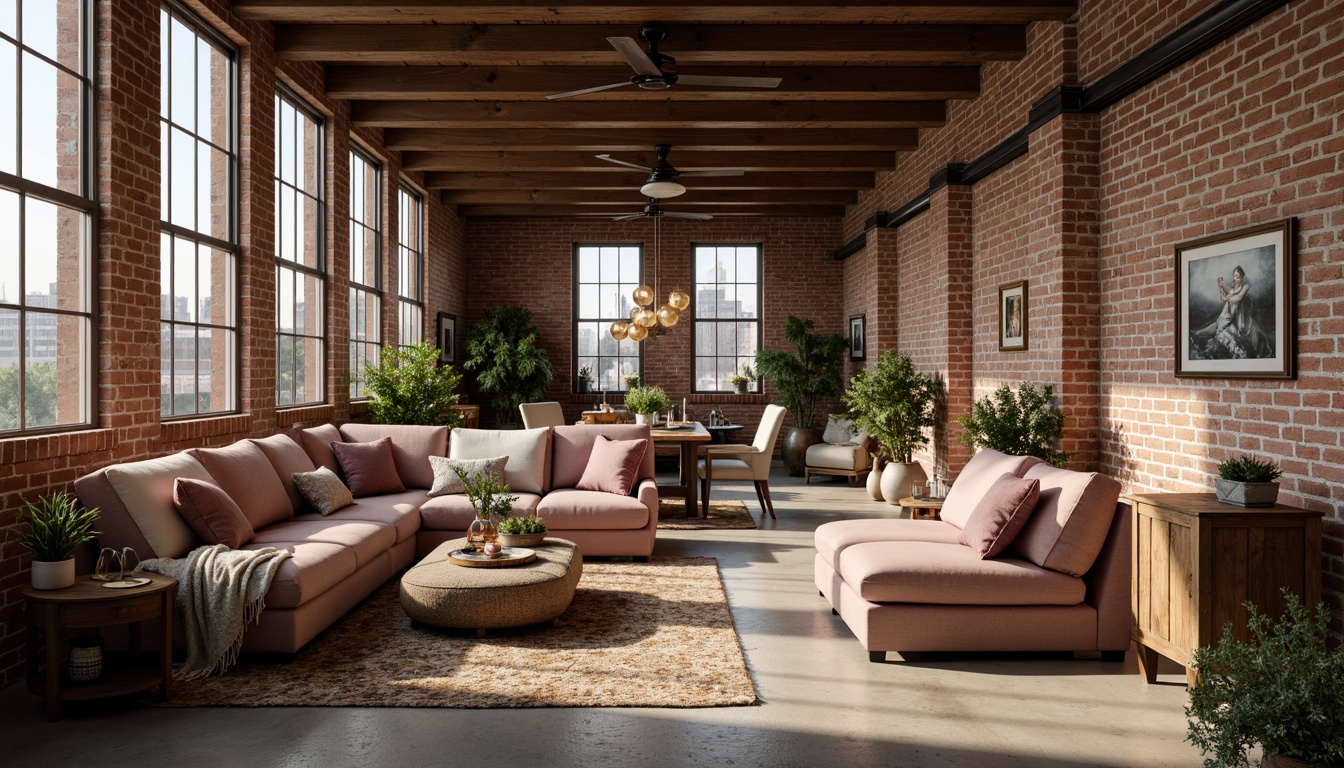 Prompt: Warm industrial loft, exposed brick walls, wooden beams, metal accents, soft warm lighting, cozy atmosphere, rich textiles, plush furnishings, vintage decorative items, distressed finishes, earthy tone color scheme, muted pastels, blush pinks, mauve, sage greens, creamy whites, warm beiges, rustic wood tones, natural stone floors, industrial chic decor, romantic ambiance, intimate setting, soft focus, shallow depth of field, 1/1 composition, realistic textures, ambient occlusion.