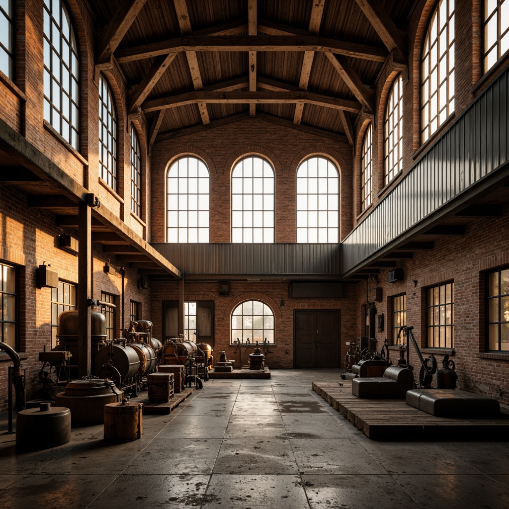 Prompt: Rustic industrial factory, Romanesque fa\u00e7ade, arched windows, ornate stone carvings, distressed brick walls, metal cladding, corrugated roofing, vintage machinery, exposed ductwork, reclaimed wood accents, earthy color palette, warm golden lighting, dramatic shadows, 1/2 composition, low-angle shot, realistic textures, ambient occlusion.