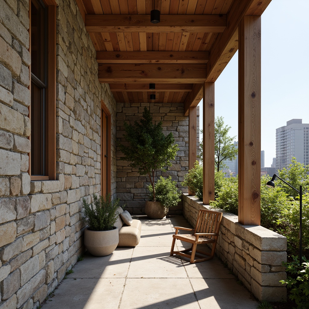 Prompt: Rough stone walls, rustic brick facades, wooden accents, natural wood grain, earthy tones, organic forms, irregular shapes, tactile experiences, 3D modeling, realistic renderings, ambient occlusion, soft warm lighting, shallow depth of field, 2/3 composition, modern architecture, sustainable design, eco-friendly materials, green roofs, living walls, urban landscapes, city skylines, industrial heritage, converted warehouses.