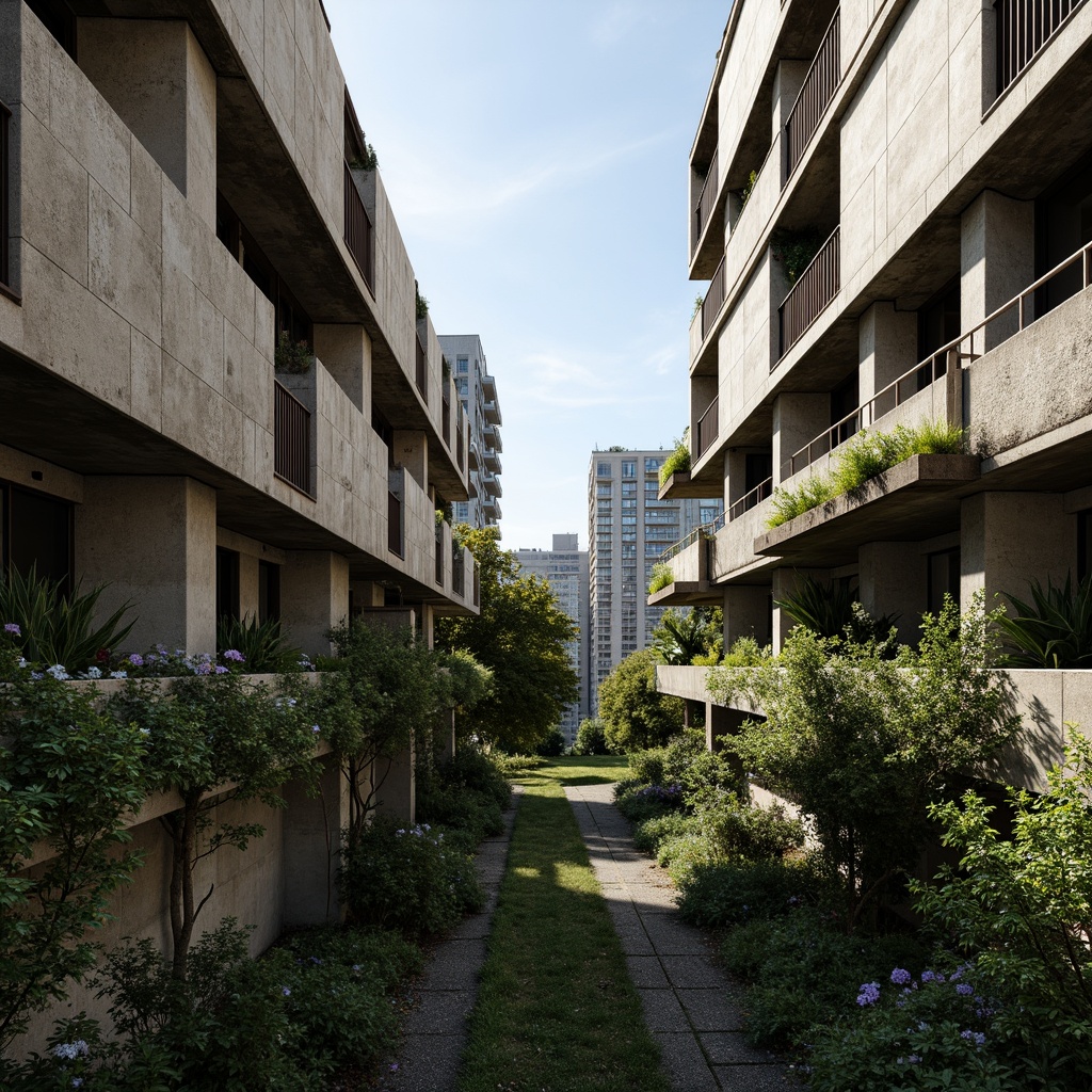 Prompt: Rugged brutalist buildings, raw concrete textures, fortress-like structures, overgrown vegetation, wildflowers, moss-covered walls, weathered steel beams, industrial materials, urban landscape integration, cityscape views, elevated walkways, cantilevered sections, dramatic shadows, harsh natural light, 1/1 composition, symmetrical framing, high-contrast lighting, gritty realistic textures, ambient occlusion.