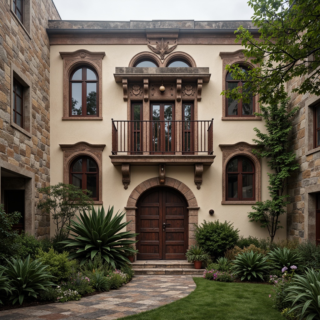 Prompt: Rustic monastery facade, distressed stone walls, ornate wooden doors, stained glass windows, intricate carvings, asymmetrical composition, bold color contrasts, playful use of arches, irregular shapes, eclectic mix of materials, weathered copper accents, lush greenery, misty morning atmosphere, soft warm lighting, shallow depth of field, 1/1 composition, realistic textures, ambient occlusion.