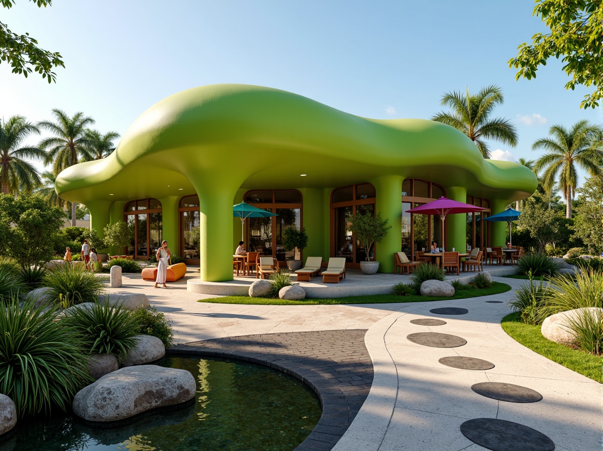 Prompt: Whimsical blob-shaped restaurant, vibrant green walls, undulating rooflines, playful outdoor seating, colorful umbrellas, natural stone pathways, lush tropical plants, winding water features, modern minimalist lighting, warm sunny day, shallow depth of field, 1/1 composition, realistic textures, ambient occlusion, eclectic furniture, bold patterned fabrics, abstract sculptures, organic-inspired decor.