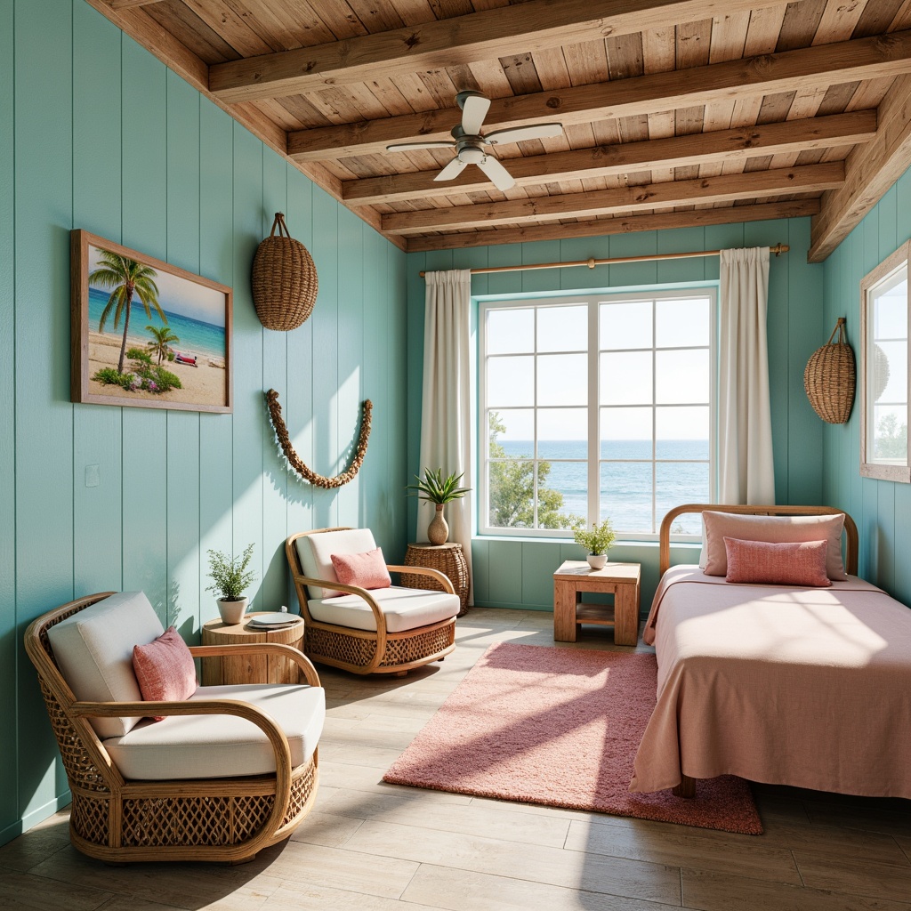 Prompt: Vibrant beach hostel, ocean-inspired color scheme, calming blues, soothing whites, warm sandy neutrals, coral pink accents, natural wood textures, woven rattan furniture, nautical rope details, driftwood decorations, seaside-inspired artwork, refreshing coastal atmosphere, soft warm lighting, shallow depth of field, 1/1 composition, realistic textures, ambient occlusion.