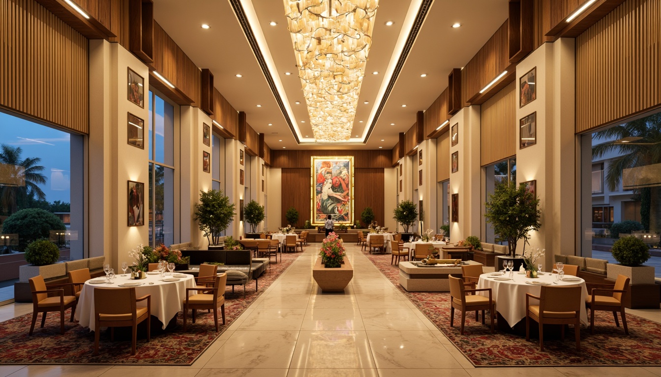 Prompt: Elegant international-style dining hall, high ceilings, grand chandeliers, sophisticated lighting fixtures, warm ambient glow, soft diffused light, LED strip lights, minimalist pendant lamps, luxurious marble floors, rich wood paneling, cream-colored walls, ornate mirrors, lavish furnishings, vibrant artwork, bustling atmosphere, evening ambiance, dramatic spotlights, subtle color temperature shifts, 1/1 composition, shallow depth of field, realistic reflections.