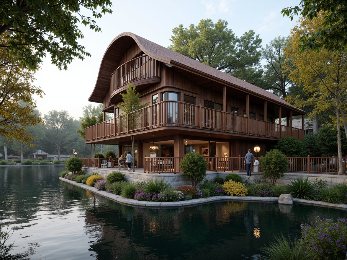 Prompt: Rustic boathouse, Renaissance-inspired facade, ornate wooden decorations, curved lines, grandiose entrance, stone foundation, water reflections, serene lake surroundings, lush greenery, vibrant flowers, soft warm lighting, shallow depth of field, 3/4 composition, panoramic view, realistic textures, ambient occlusion, distressed wood accents, vintage nautical elements, elegant balconies, ornate metal railings, classic lanterns, subtle color palette, earthy tones.