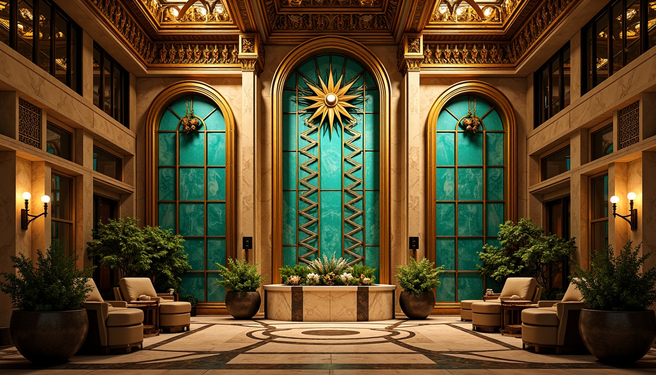 Prompt: Opulent Art Deco monument, lavish golden accents, rich bronze tones, vibrant turquoise mosaics, geometric patterns, ornate metalwork, luxurious marble surfaces, bold black outlines, stylized floral motifs, sunburst designs, zigzag patterns, metallic sheen, warm ambient lighting, shallow depth of field, 1/1 composition, symmetrical framing, high-contrast colors, intricate textures, realistic reflections.