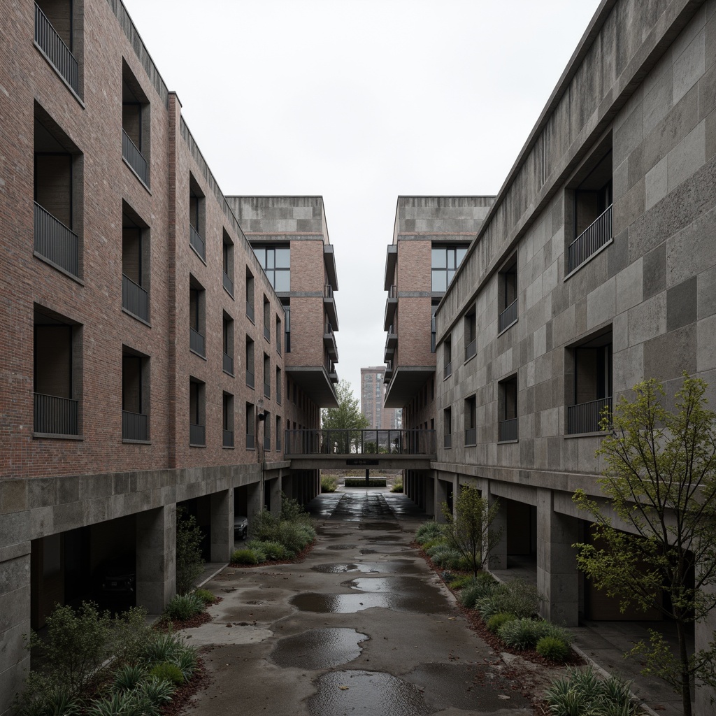 Prompt: Rough-hewn concrete walls, exposed ductwork, industrial metal beams, weathered steel surfaces, raw brick facades, rugged stone foundations, brutalist fortress-like structures, dramatic cantilevered roofs, angular geometric forms, monolithic monumental scale, harsh urban landscapes, overcast skies, diffused natural light, high-contrast shadows, gritty realistic textures, detailed normal maps, ambient occlusion.