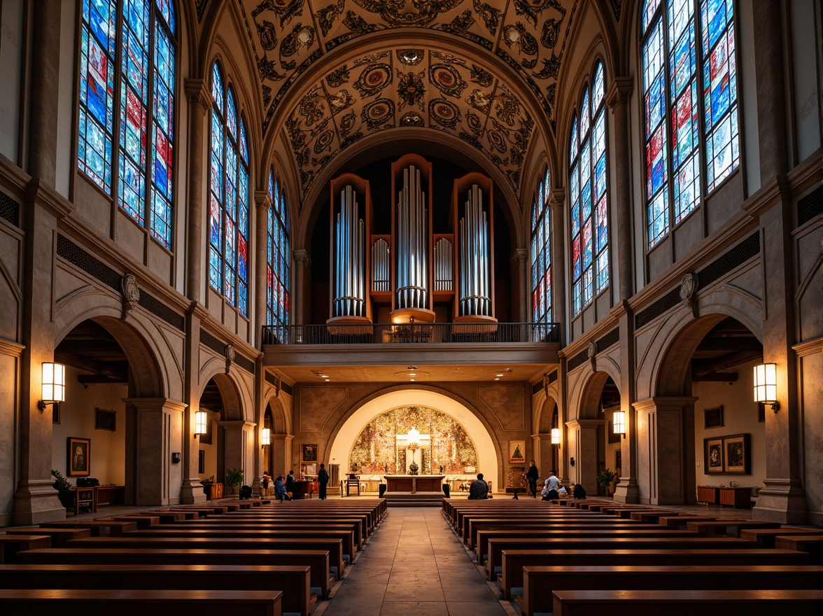 Prompt: Intricate stained glass windows, symmetrical arches, ornate vaulted ceilings, grandiose pipe organs, minimalist pews, sacred altars, geometric patterns, constructivist architecture, brutalist concrete structures, abstract sculptures, vibrant colorful mosaics, dramatic lighting effects, high contrast shadows, 1/1 composition, low-angle shot, warm golden hour lighting, realistic textures, ambient occlusion.