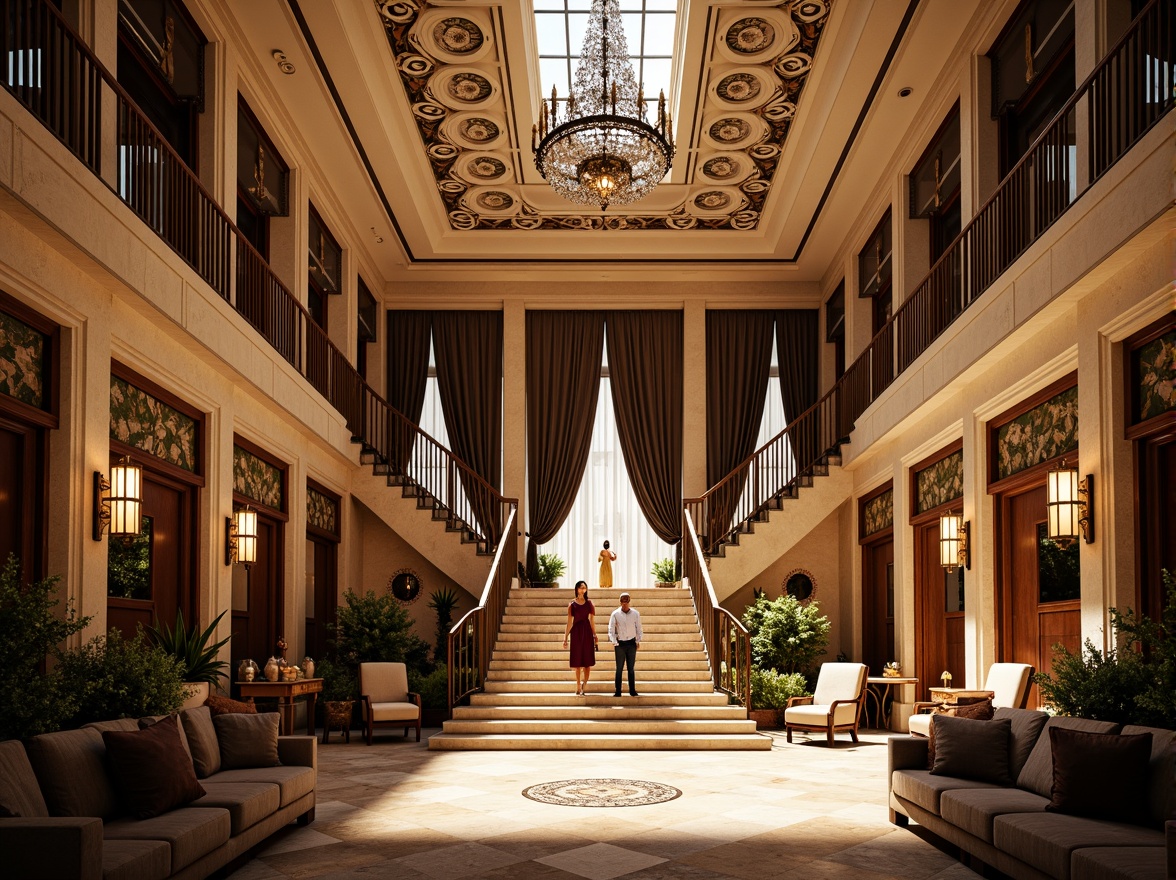 Prompt: Luxurious villa, ornate Art Deco facade, geometric patterns, metallic accents, curved lines, opulent decorations, lavish furnishings, grand staircase, intricate moldings, ornamental railings, luxurious textiles, velvet drapes, crystal chandeliers, marble floors, rich wood paneling, sunlit atrium, warm golden lighting, shallow depth of field, 1/1 composition, symmetrical framing, high-contrast rendering, realistic reflections.