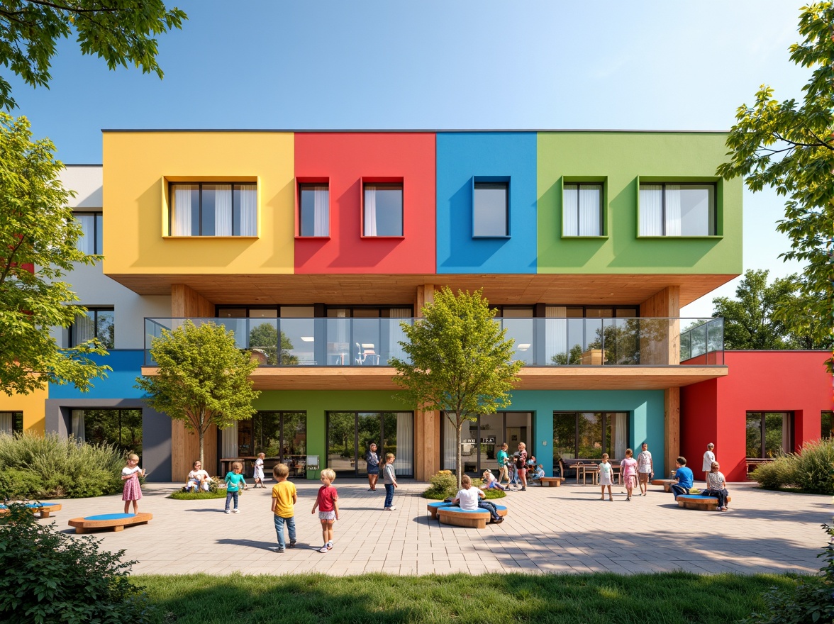 Prompt: Vibrant kindergarten facade, bold color blocks, playful geometric shapes, modernist architecture, large windows, sliding glass doors, natural wood accents, educational signage, whimsical murals, interactive outdoor spaces, climbing walls, sensory play areas, soft rubber flooring, rounded corners, safety railings, abundant greenery, sunny day, warm lighting, shallow depth of field, 3/4 composition, panoramic view, realistic textures, ambient occlusion.