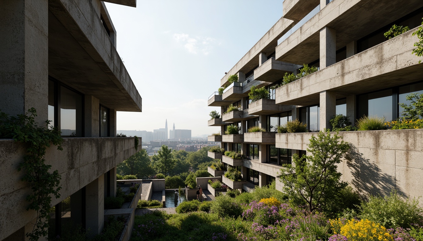 Prompt: Rugged brutalist buildings, raw concrete textures, fortress-like structures, overgrown vegetation, wildflowers, moss-covered walls, weathered steel beams, industrial materials, urban landscape integration, cityscape views, elevated walkways, cantilevered sections, dramatic shadows, harsh natural light, 1/1 composition, symmetrical framing, high-contrast lighting, gritty realistic textures, ambient occlusion.