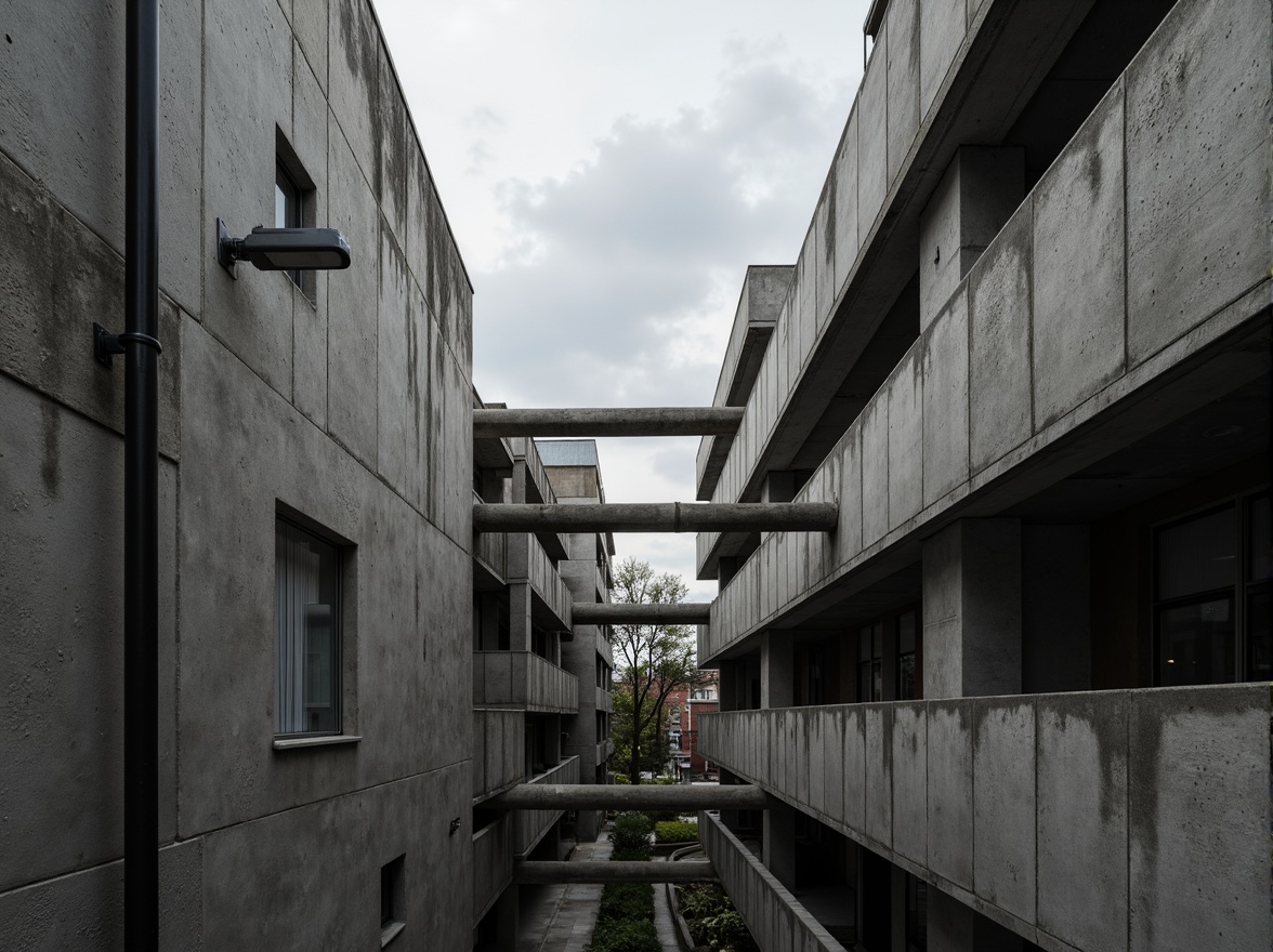 Prompt: Exposed concrete walls, rugged textures, industrial pipes, raw steel beams, minimalist balconies, brutalist architecture, urban cityscape, gloomy overcast sky, dramatic shadows, high-contrast lighting, bold geometric forms, functional simplicity, distressed finishes, poured-in-place concrete, cold monochromatic color palette, 1/1 composition, low-angle shot, cinematic atmosphere, gritty realistic textures.