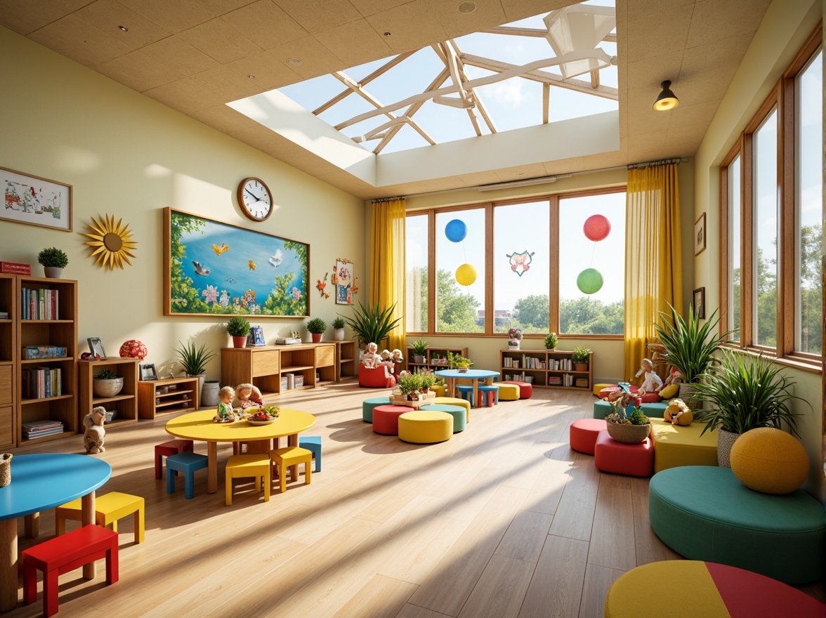 Prompt: Vibrant kindergarten interior, natural lighting, large windows, skylights, clerestory windows, soft warm illumination, colorful furniture, educational decorations, playful murals, wooden floors, cozy reading nooks, circular tables, tiny chairs, potted plants, green walls, calming atmosphere, shallow depth of field, 1/1 composition, realistic textures, ambient occlusion.