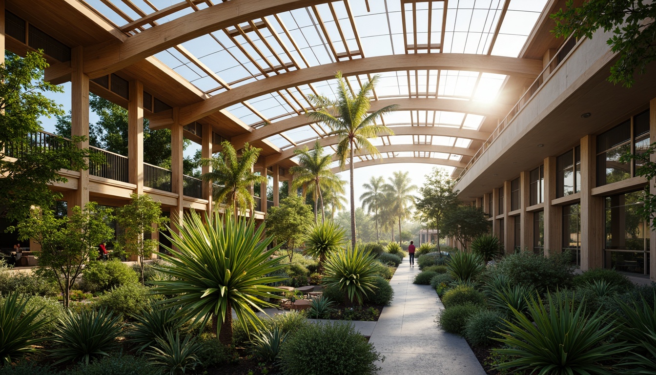 Prompt: Natural ventilation systems, clerestory windows, roof vents, solar-powered fans, evaporative cooling, shading devices, thermal mass materials, insulated glazing, automated window openers, misting systems, tropical plants, lush greenery, warm natural light, soft diffused lighting, 3/4 composition, panoramic view, realistic textures, ambient occlusion.