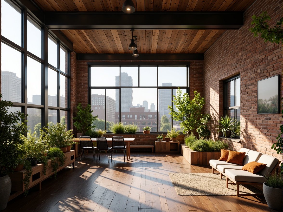 Prompt: Exposed brick walls, reclaimed wood accents, industrial metal beams, vintage decorative items, lush greenery, potted plants, natural textiles, earthy color palette, soft warm lighting, cozy atmosphere, eco-friendly materials, solar panels, rainwater harvesting systems, living roofs, green walls, minimalist decor, open-plan layout, high ceilings, large windows, cityscape views, urban landscape, morning sunlight, shallow depth of field, 3/4 composition, realistic textures, ambient occlusion.