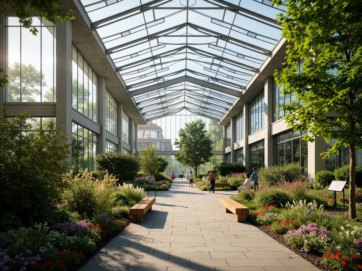 Prompt: Elegant greenhouse, lush greenery, abundant natural light, clerestory windows, skylights, transparent roof panels, steel frames, minimalist architecture, modern academic style, vibrant flowers, educational signs, wooden benches, stone pathways, warm sunny day, soft diffused lighting, shallow depth of field, 1/1 composition, realistic textures, ambient occlusion.