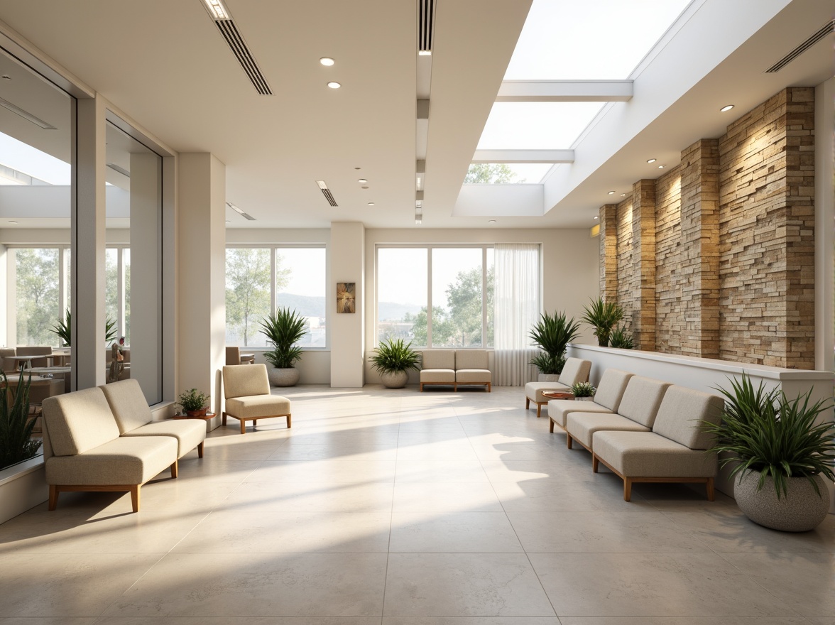 Prompt: Bright dental clinic, large windows, skylights, reflective surfaces, minimal obstructions, open floor plan, light-colored walls, polished floors, modern minimalist decor, comfortable waiting area, natural stone accents, greenery, plants, warm beige tones, soft diffused lighting, 1/1 composition, shallow depth of field, realistic textures, ambient occlusion.