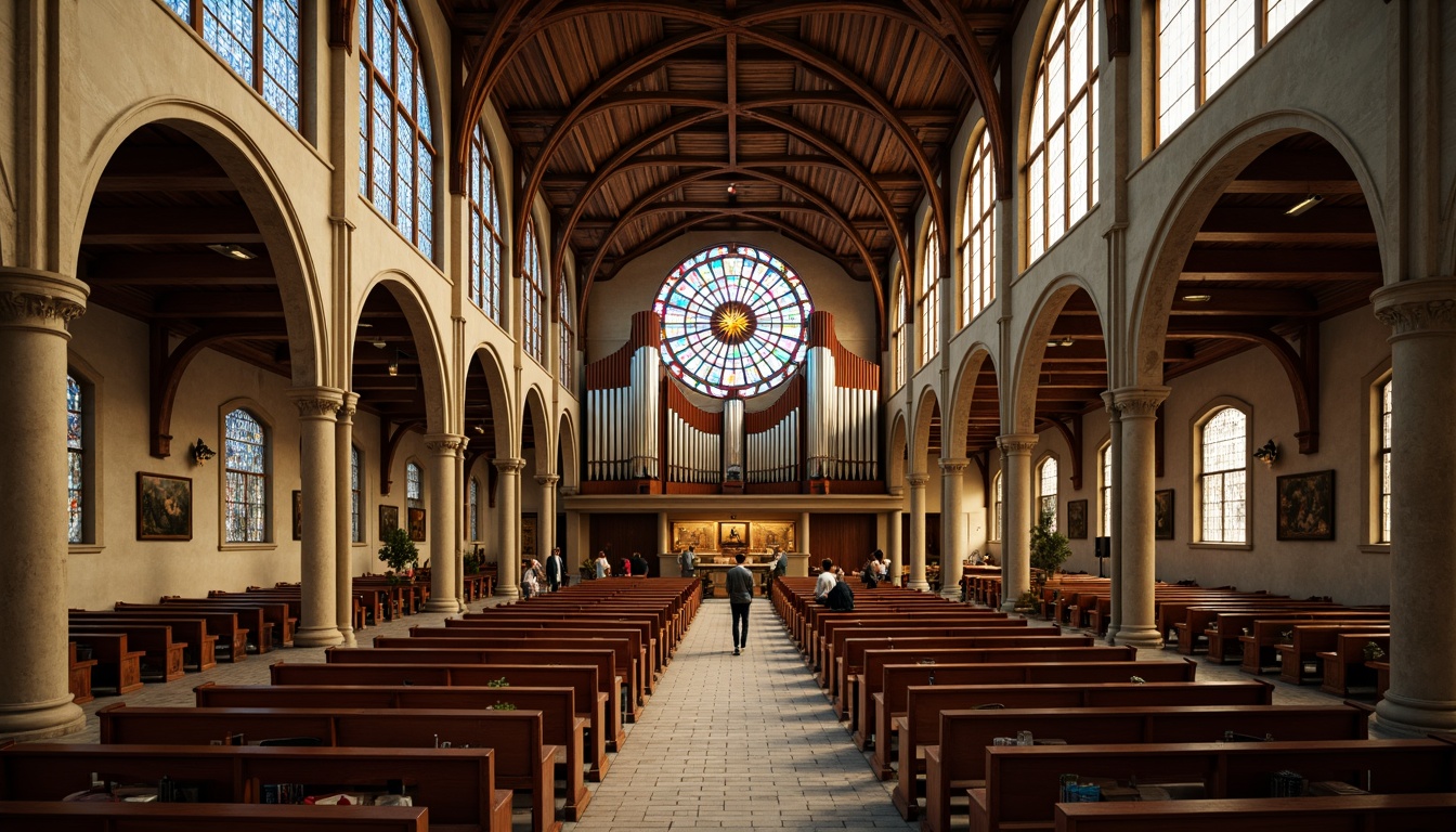 Prompt: Intricate stained glass windows, symmetrical arches, ornate vaulted ceilings, grandiose pipe organs, minimalist pews, sacred altars, geometric patterns, constructivist architecture, brutalist concrete structures, abstract sculptures, vibrant colorful mosaics, dramatic lighting effects, high contrast shadows, 1/1 composition, low-angle shot, warm golden hour lighting, realistic textures, ambient occlusion.