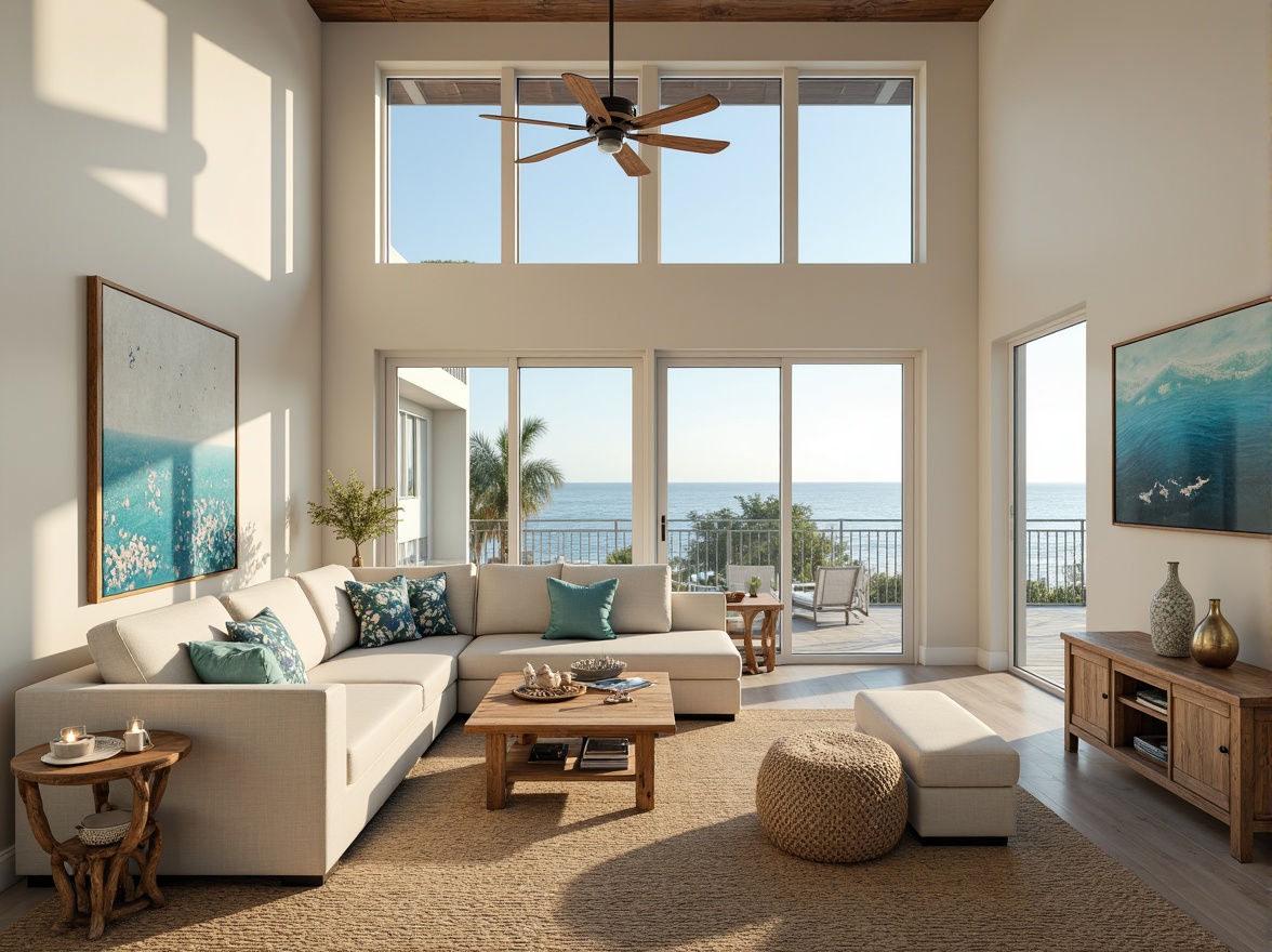 Prompt: Coastal living room, ocean-inspired color palette, driftwood accents, natural textiles, woven sea grass rugs, shell-adorned decorative pieces, floor-to-ceiling windows, sliding glass doors, beachy vibe, soft warm lighting, 1/1 composition, shallow depth of field, realistic wood textures, ambient occlusion, modern minimalist furniture, plush sectional sofas, reclaimed wood coffee tables, nautical-themed artwork, coral-patterned throw pillows, sea salt-scented candles, calming atmosphere.