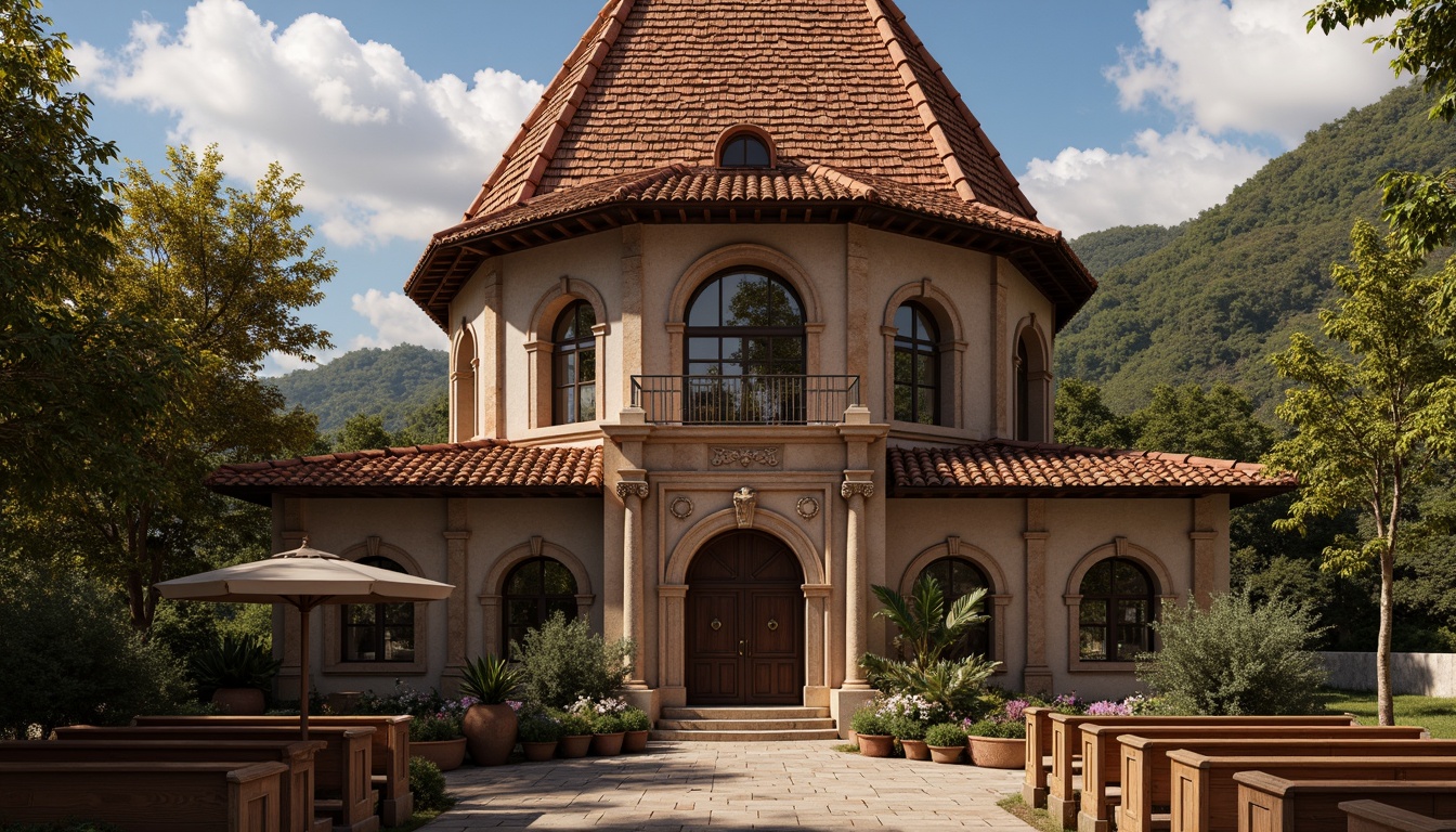 Prompt: Rustic church building, steeply pitched roof, terracotta tiles, ornate stone carvings, stained glass windows, wooden pews, vaulted ceilings, grand entrance doors, intricate stone facades, traditional vernacular style, earthy color palette, natural textures, warm ambient lighting, soft shadows, 1/2 composition, realistic render, detailed architectural elements.