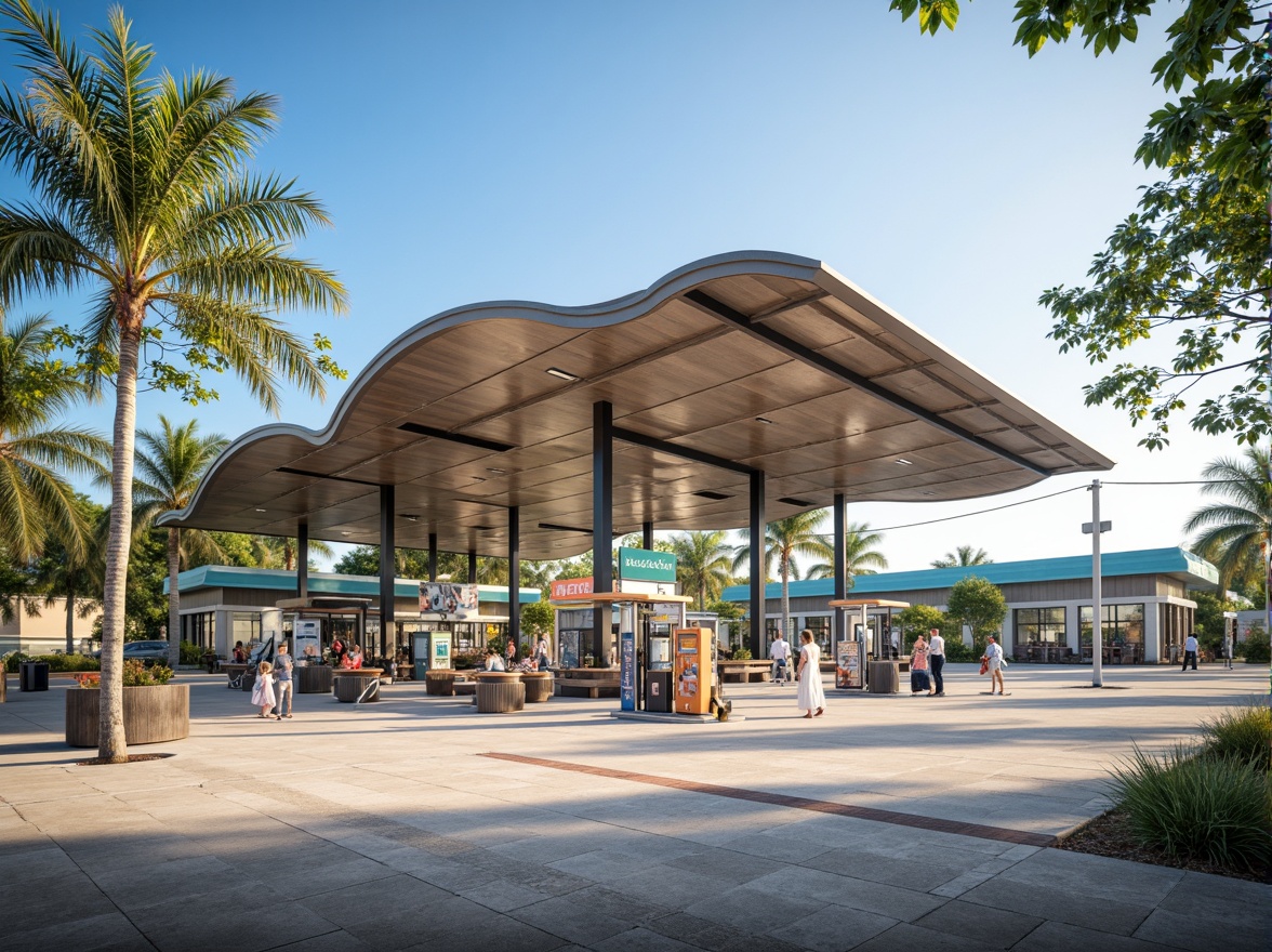 Prompt: Beachside gas station, modern canopy design, curved metal structures, translucent roofing, ocean-inspired architecture, coastal color palette, sandy textures, driftwood accents, nautical-themed signage, fuel pumps with LED lighting, sleek payment terminals, shaded outdoor seating areas, tropical landscaping, palm trees, sunny day, soft warm lighting, shallow depth of field, 3/4 composition, panoramic view, realistic reflections, ambient occlusion.