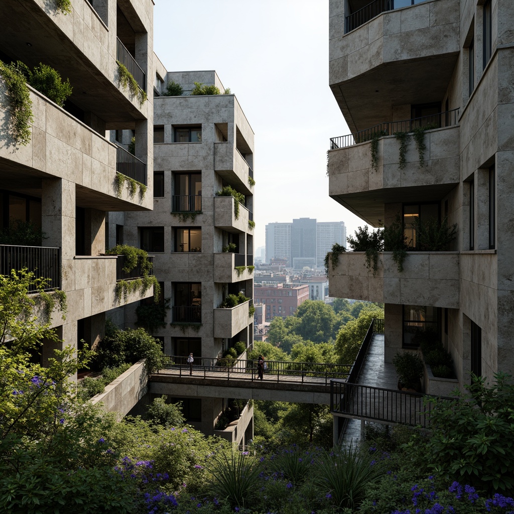 Prompt: Rugged brutalist buildings, raw concrete textures, fortress-like structures, overgrown vegetation, wildflowers, moss-covered walls, weathered steel beams, industrial materials, urban landscape integration, cityscape views, elevated walkways, cantilevered sections, dramatic shadows, harsh natural light, 1/1 composition, symmetrical framing, high-contrast lighting, gritty realistic textures, ambient occlusion.