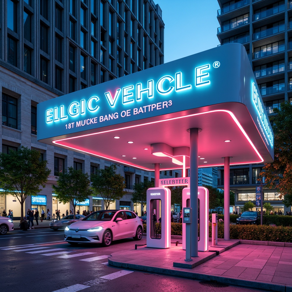 Prompt: Vibrant electric vehicle charging station, neon-lit signage, bold typography, futuristic architecture, sleek metal columns, glossy white surfaces, dynamic LED lighting, urban cityscape, busy streets, modern infrastructure, eco-friendly design, sustainable energy solutions, green roofs, innovative technology integration, shallow depth of field, 3/4 composition, panoramic view, realistic textures, ambient occlusion.