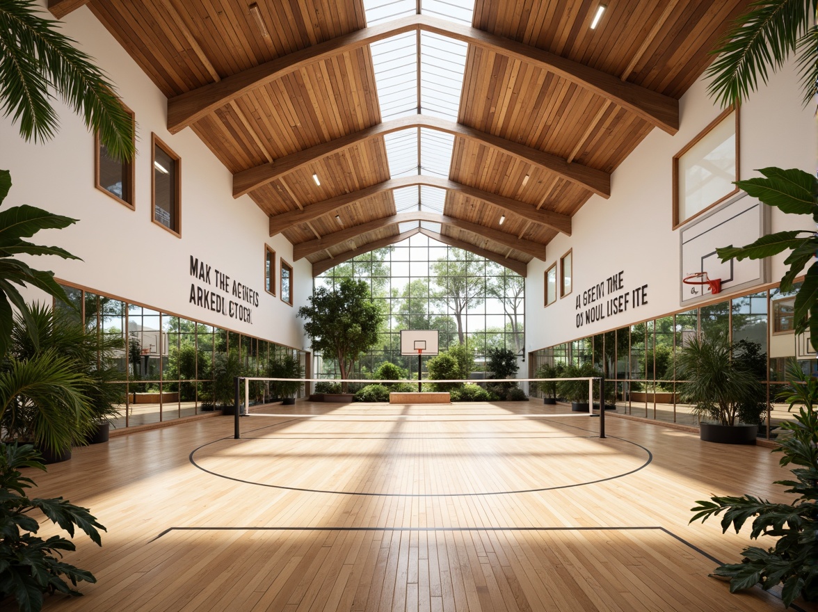 Prompt: Spacious gymnasium interior, high ceilings, natural light pouring in, polished wooden floors, basketball courts, volleyball nets, athletic tracks, exercise equipment, mirrored walls, motivational quotes, modern architectural design, sleek lines, minimalist decor, abundant greenery, tropical plants, warm color scheme, soft diffused lighting, shallow depth of field, 1/1 composition, realistic textures, ambient occlusion.