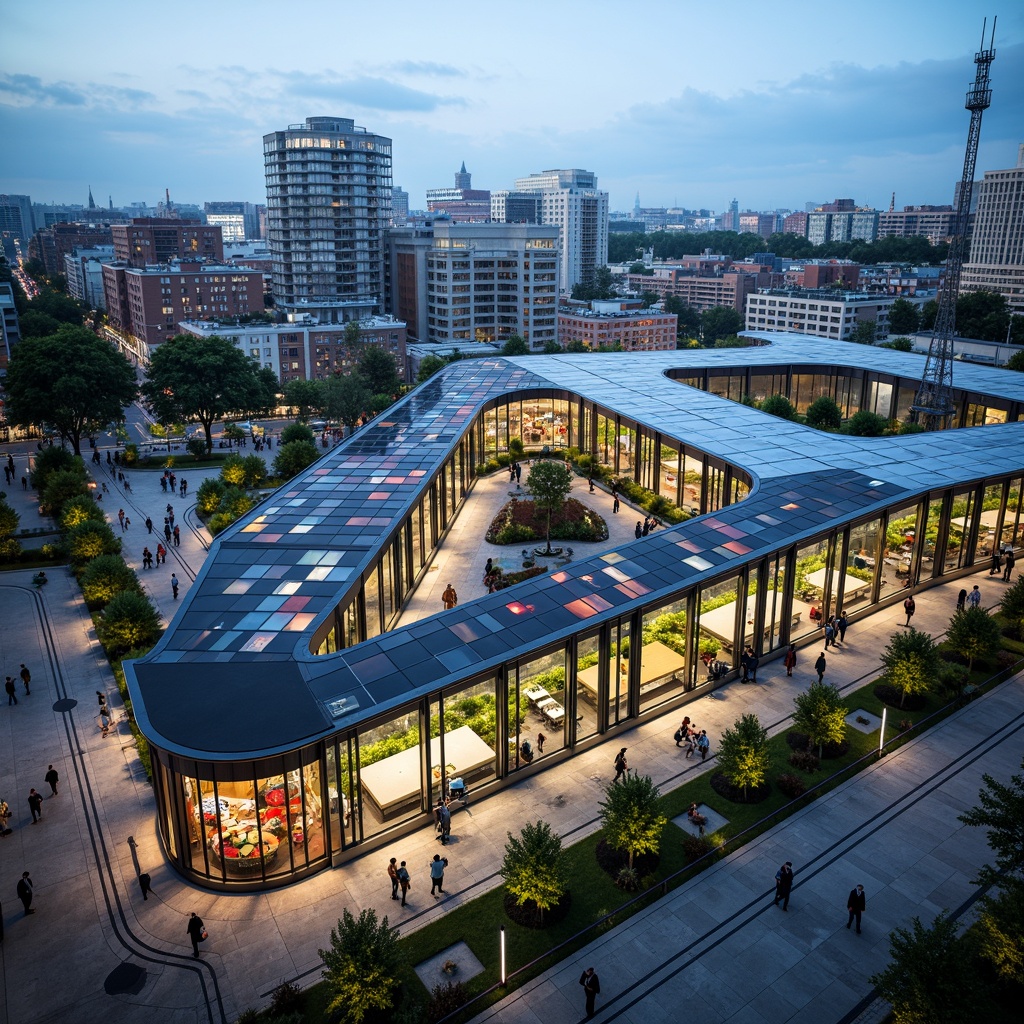 Prompt: Futuristic tram station, curved glass fa\u00e7ade, dynamic LED lighting, sleek metal frames, cantilevered roofs, green walls, urban landscape, busy streets, modern architecture, angular lines, minimalist design, sustainable energy solutions, solar panels, wind turbines, water conservation systems, eco-friendly materials, innovative cooling technologies, shaded outdoor spaces, misting systems, vibrant colorful textiles, intricate geometric motifs, panoramic view, realistic textures, ambient occlusion.