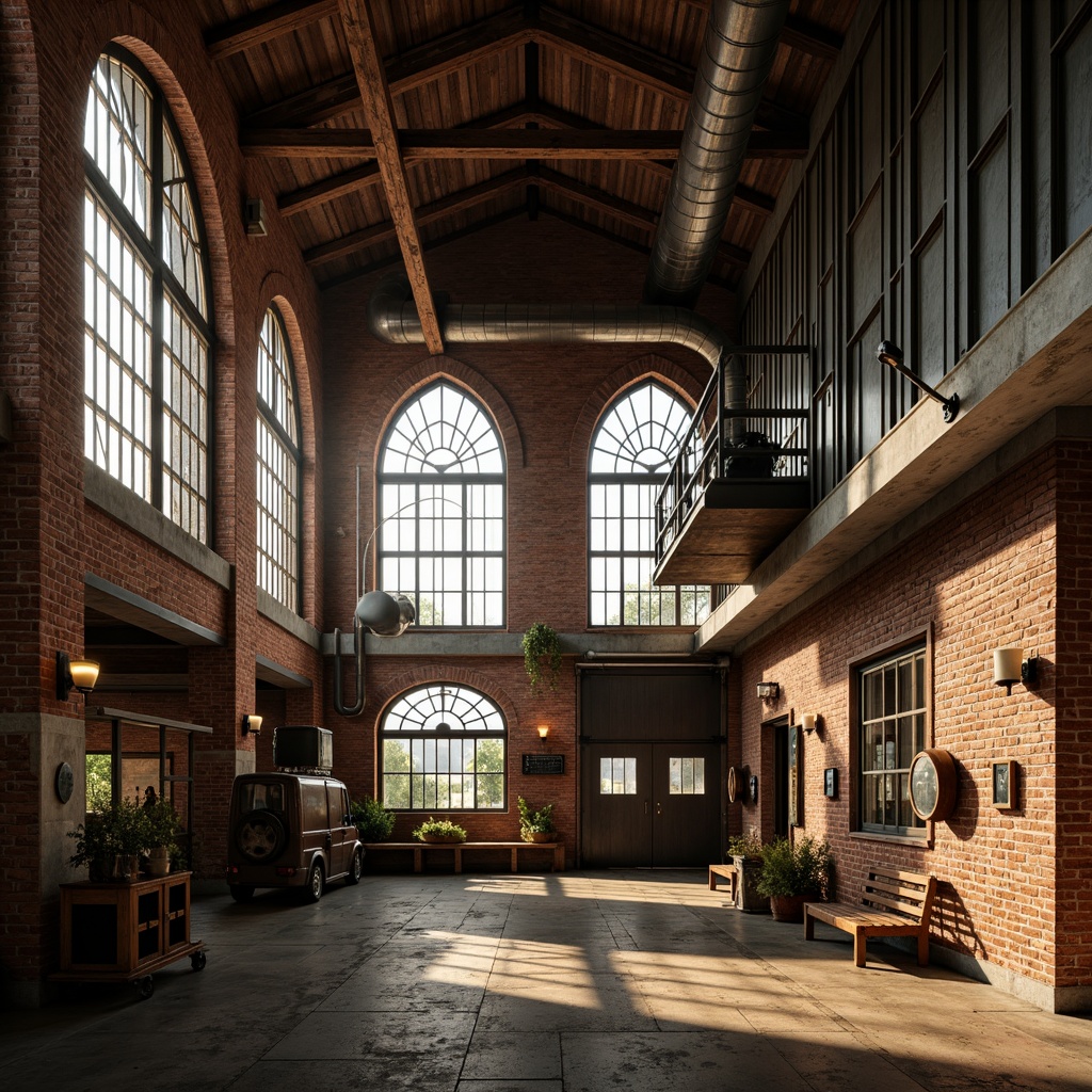 Prompt: Rustic industrial factory, Romanesque fa\u00e7ade, arched windows, ornate stone carvings, distressed brick walls, metal cladding, corrugated roofing, vintage machinery, exposed ductwork, reclaimed wood accents, earthy color palette, warm golden lighting, dramatic shadows, 1/2 composition, low-angle shot, cinematic atmosphere, realistic weathering effects.