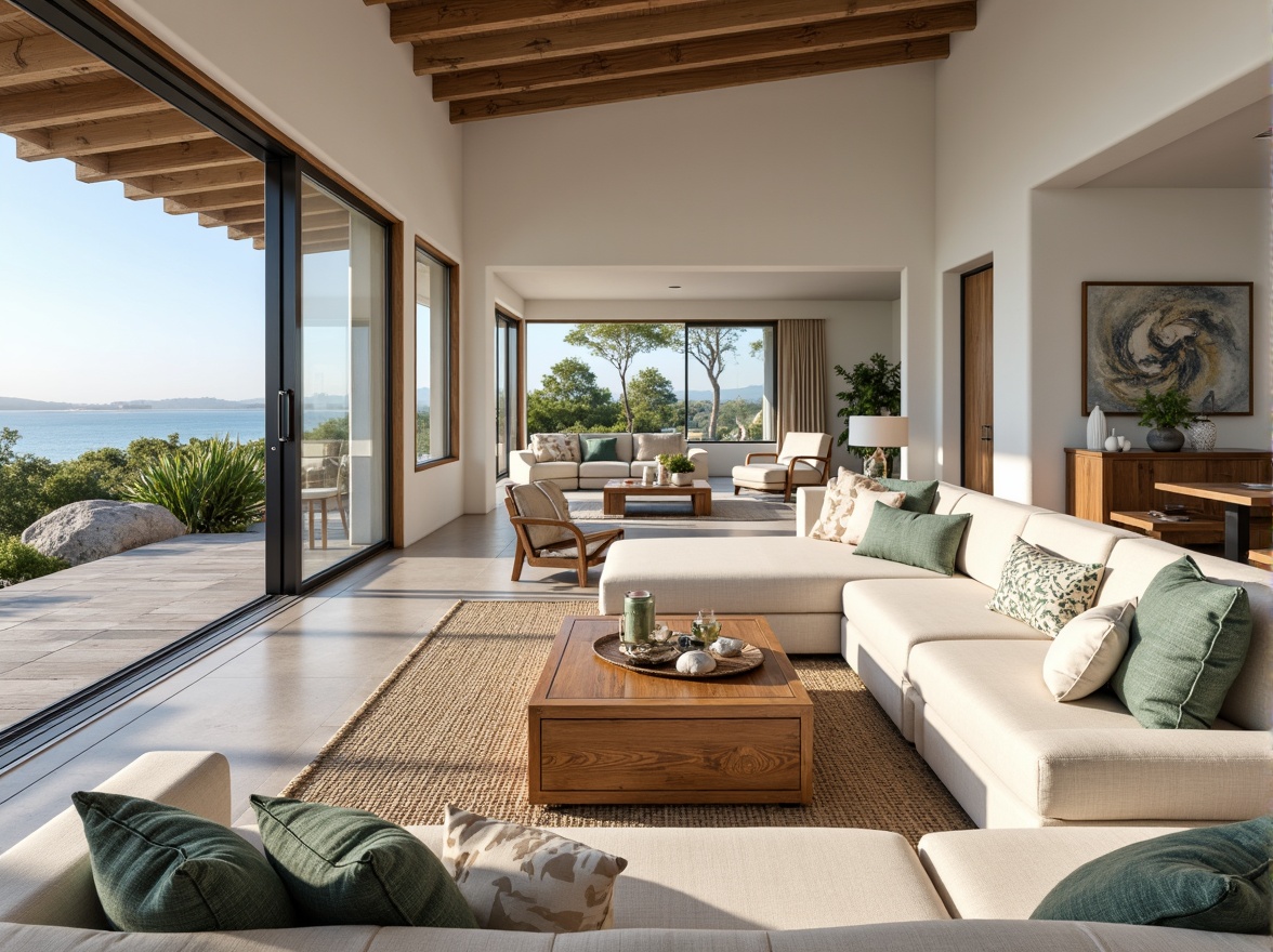 Prompt: Coastal living room, ocean-inspired color palette, driftwood accents, natural textiles, woven sea grass rugs, shell-adorned decorative pieces, floor-to-ceiling windows, sliding glass doors, beachy vibe, soft warm lighting, 1/1 composition, shallow depth of field, realistic wood textures, ambient occlusion, modern minimalist furniture, plush sectional sofas, reclaimed wood coffee tables, nautical-themed artwork, coral-patterned throw pillows, sea salt-scented candles, calming atmosphere.