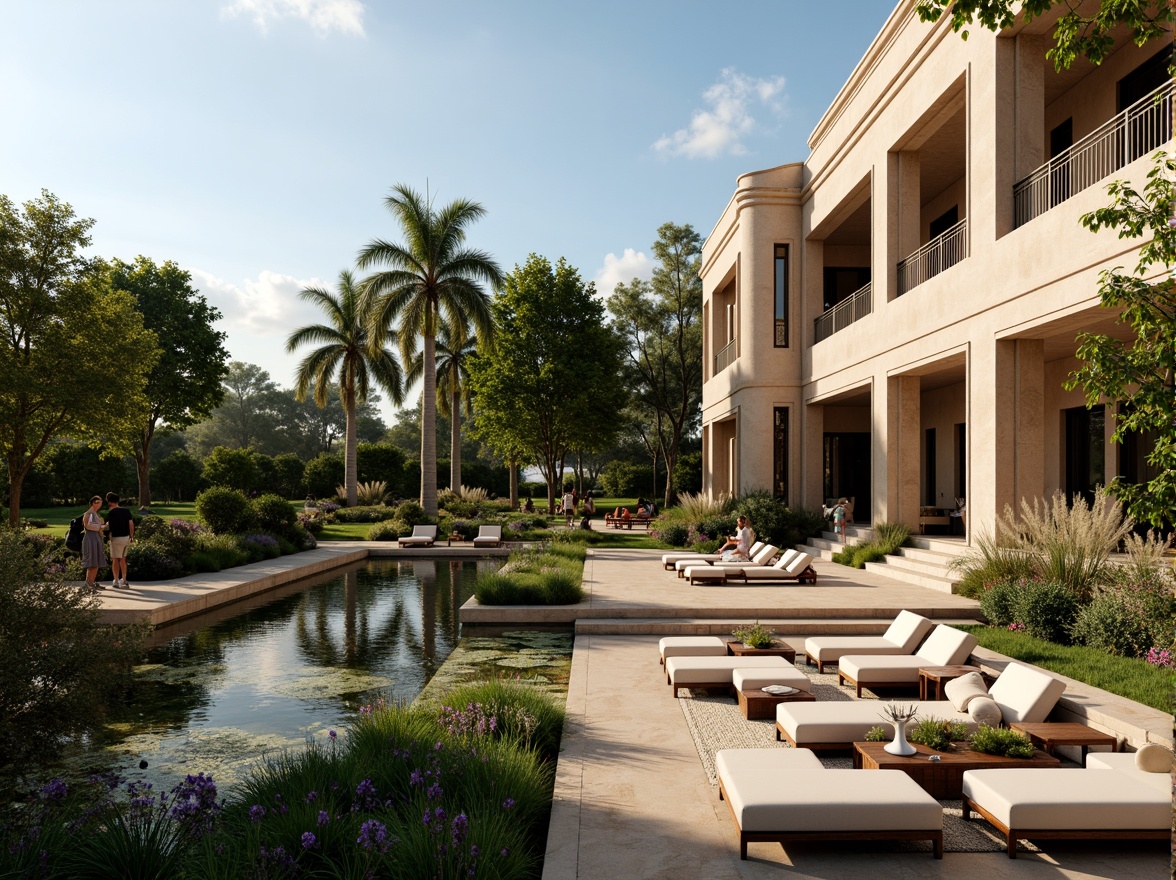 Prompt: Luxurious villa, Art Deco style, ornate facades, curved lines, geometric patterns, lavish gardens, lush greenery, vibrant flowers, tranquil ponds, walking paths, decorative fountains, elegant outdoor furniture, plush cushions, metallic accents, warm lighting, soft shadows, 1/1 composition, symmetrical framing, cinematic atmosphere, realistic textures, ambient occlusion.