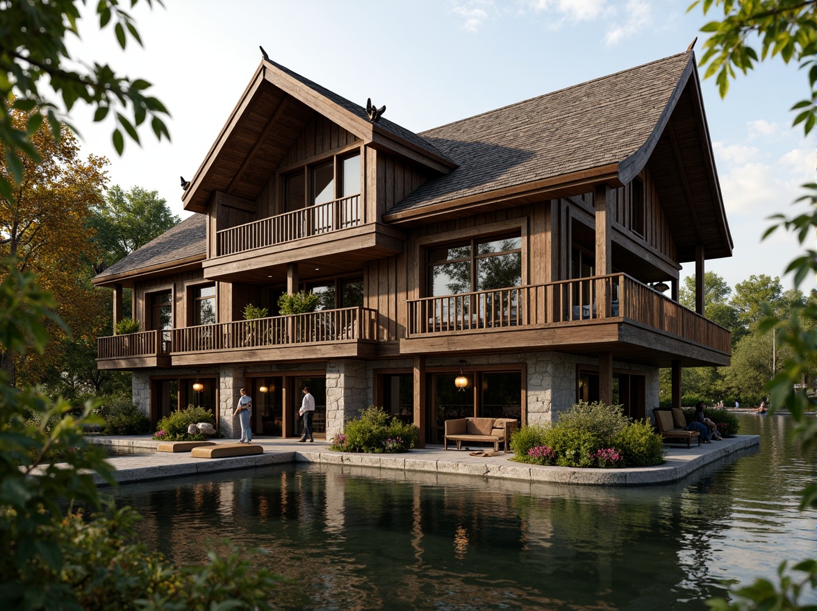 Prompt: Rustic boathouse, Renaissance-inspired facade, ornate wooden decorations, curved lines, grandiose entrance, stone foundation, water reflections, serene lake surroundings, lush greenery, vibrant flowers, soft warm lighting, shallow depth of field, 3/4 composition, panoramic view, realistic textures, ambient occlusion, distressed wood accents, vintage nautical elements, elegant balconies, ornate metal railings, classic lanterns, subtle color palette, earthy tones.