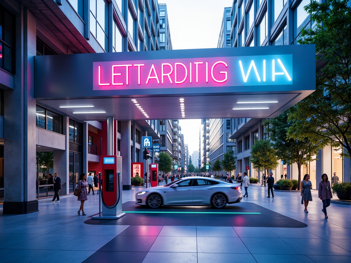 Prompt: Vibrant electric vehicle charging station, neon-lit signage, bold typography, futuristic architecture, sleek metal columns, glossy white floors, dynamic LED lighting, energizing color scheme, contrasting accents, modern minimalist design, urban cityscape, busy streets, morning sunlight, shallow depth of field, 1/1 composition, realistic textures, ambient occlusion.