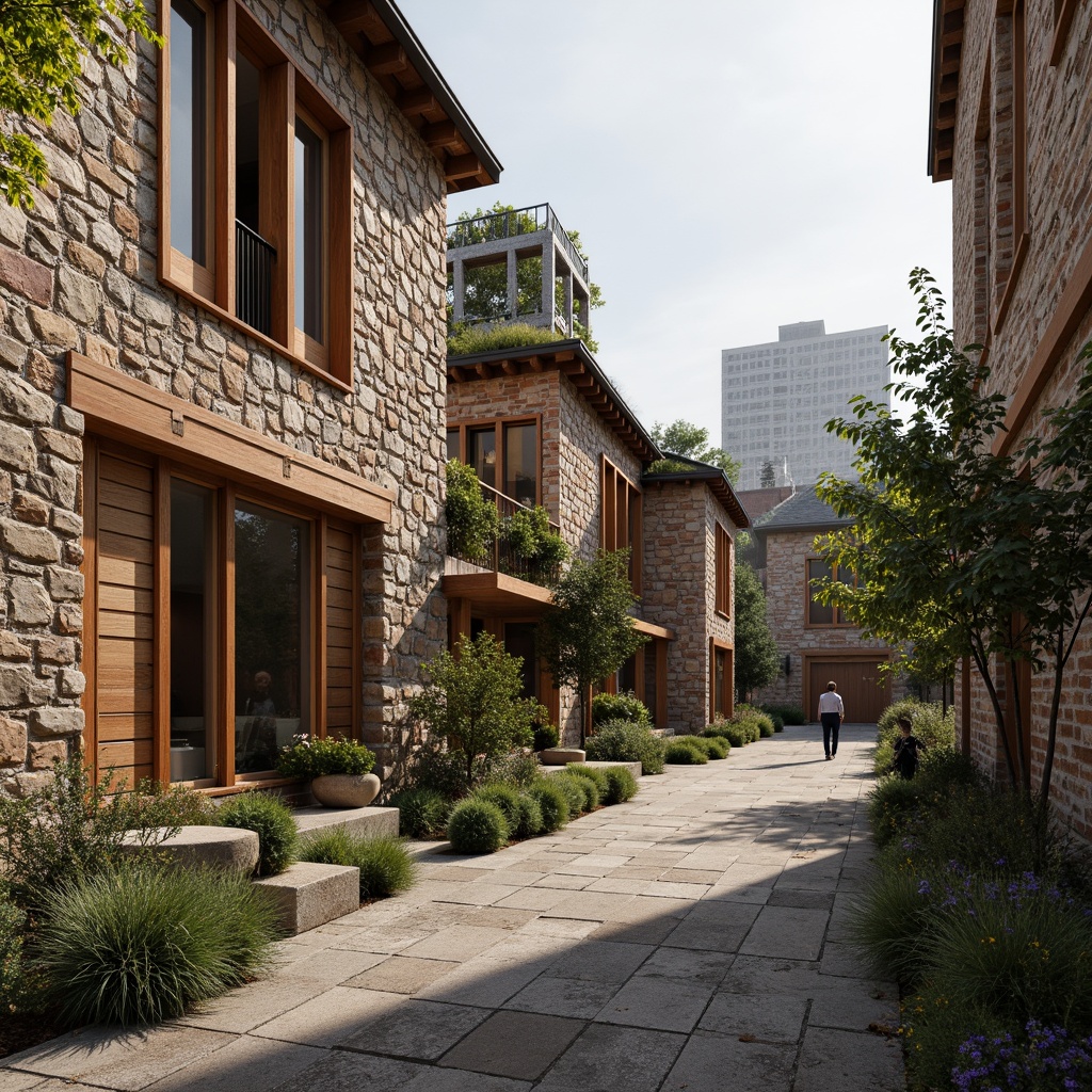 Prompt: Rough stone walls, rustic brick facades, wooden accents, natural wood grain, earthy tones, organic forms, irregular shapes, tactile experiences, 3D modeling, realistic renderings, ambient occlusion, soft warm lighting, shallow depth of field, 2/3 composition, modern architecture, sustainable design, eco-friendly materials, green roofs, living walls, urban landscapes, city skylines, industrial heritage, converted warehouses.